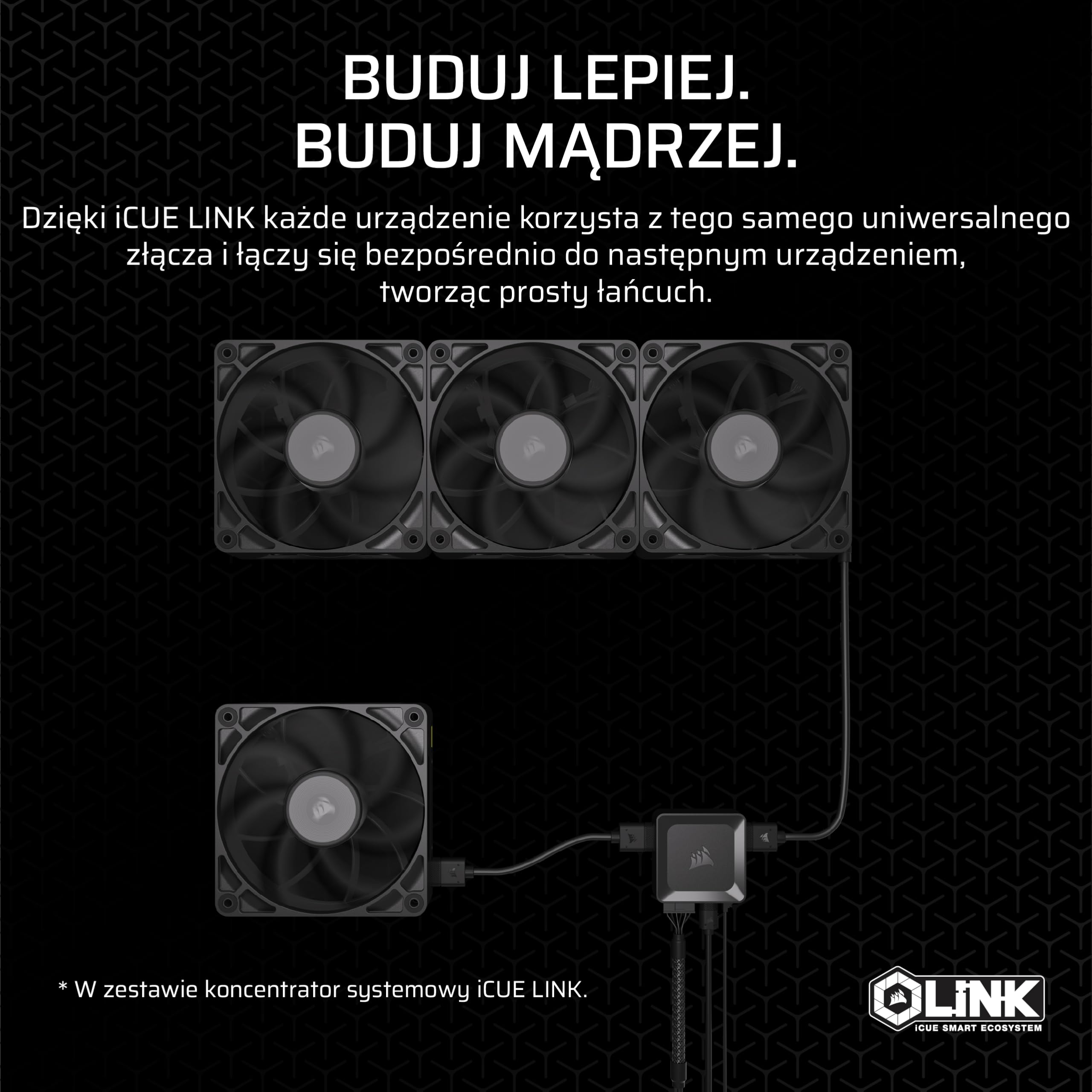 CORSAIR iCUE LINK RX120 MAX 120mm PWM Gruby Wentylatory z Koncentrator iCUE LINK – Wysokie Ciśnienie Statyczne – Polimeru Ciekłokrystalicznego – Łożysko z Magnetyczną Kopułą – Zestaw Trzech – Czarny