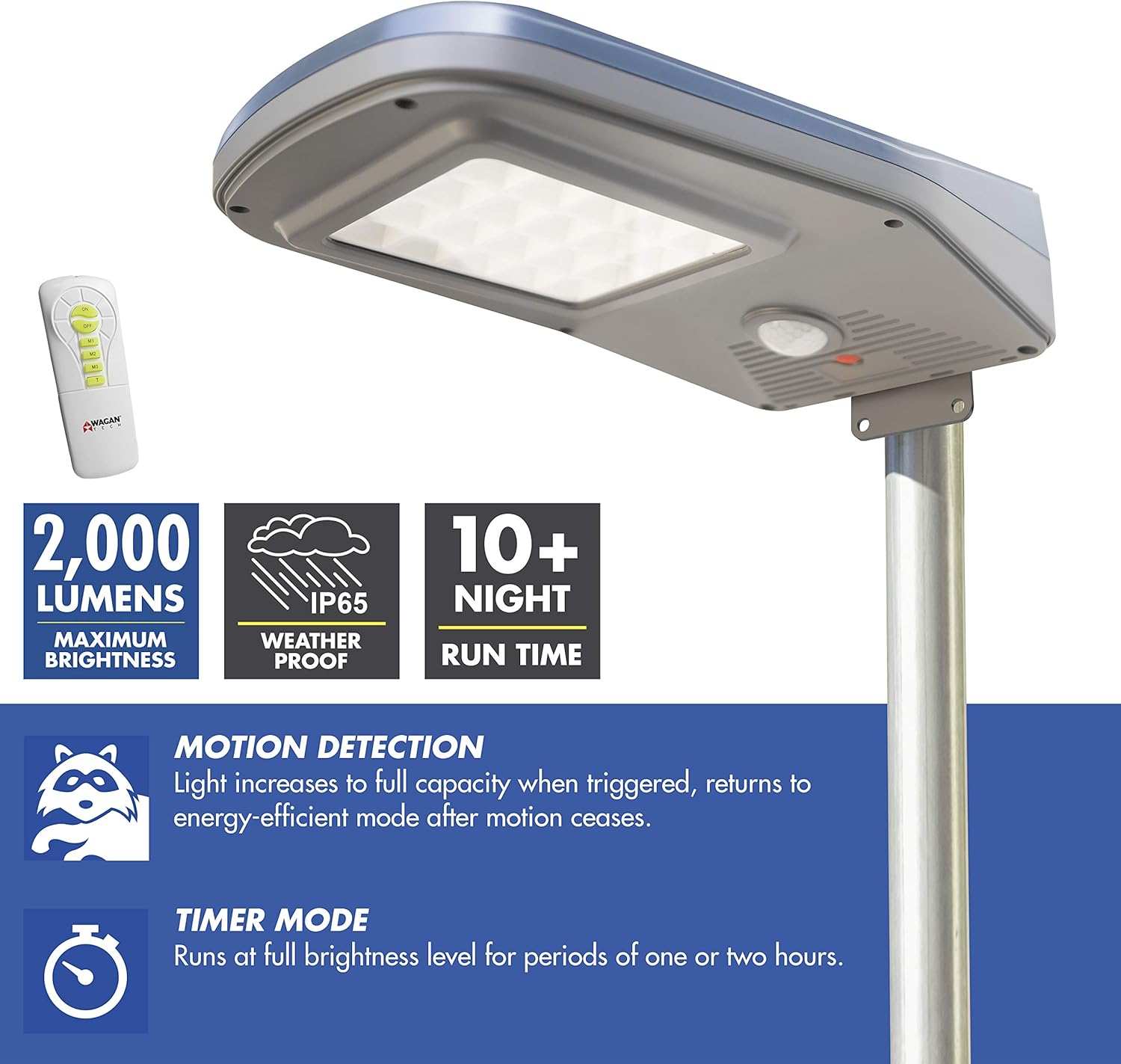 Wagan EL8591 3000 Lumen LED Solar Street Light with Remote Control Outdoor Solar Powered Flood Light Dusk to Dawn Waterproof Weatherproof Motion Sensor for Outdoor Garden Yard Path Parking Lot