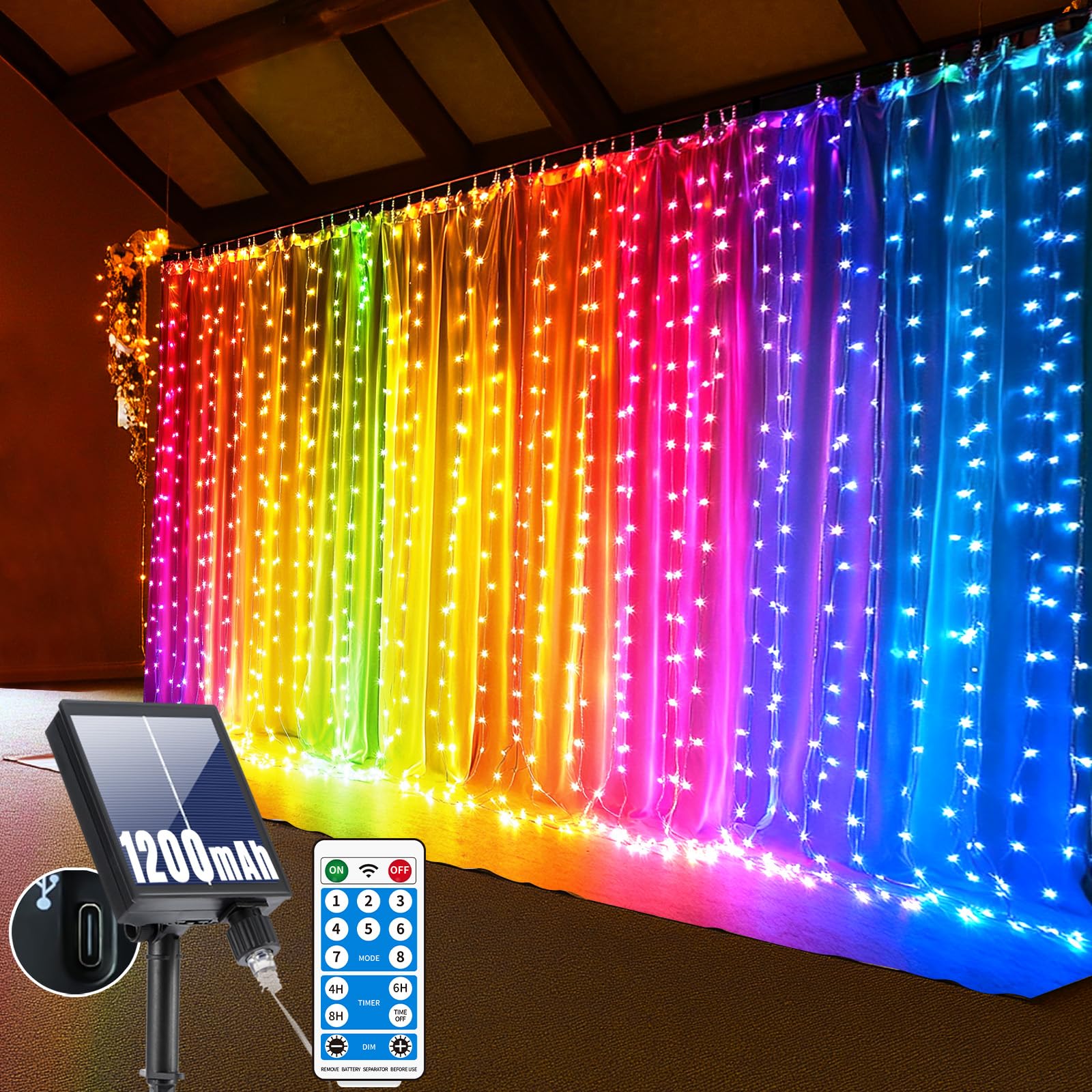 Cortina de luz 3x3M, 300 luces LED de Cascada Solares,8 Modi, Solares Tenda di Luci per Natale USB-Power,IP65 Impermeable Con Control Remoto Temporizador y Funciones de Memoria [de color]