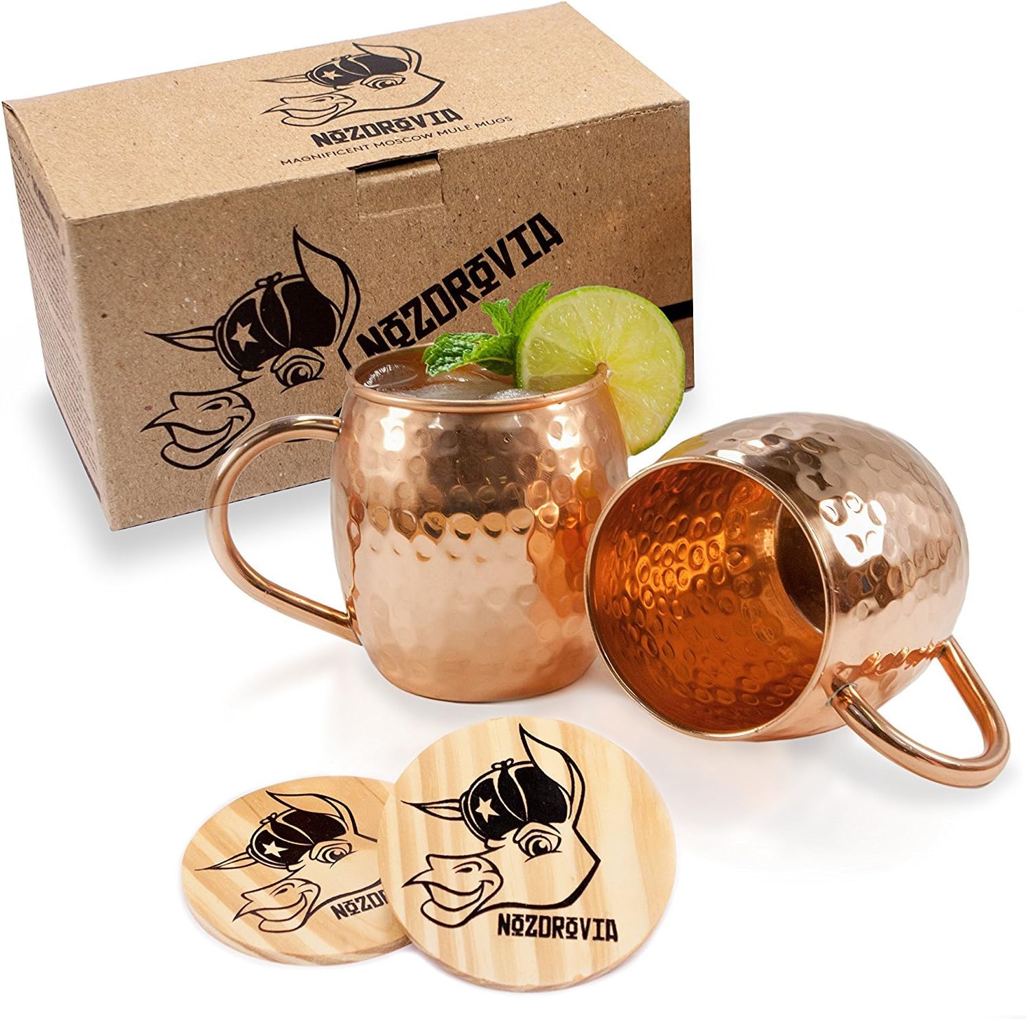 Moscow Mule Copper Mugs - Nozdrovia - 2 Pack - 100% Solid Copper, 16 oz Capacity, Hammered Finish, Classic