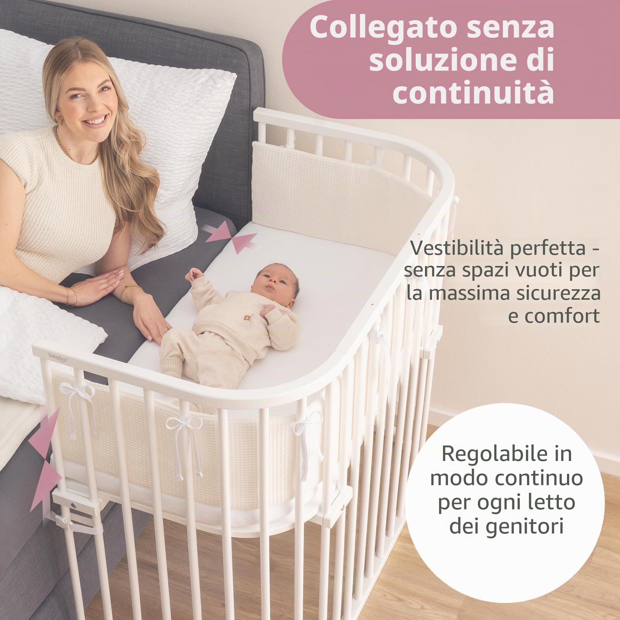 babybay Boxspring XXL letto laterale in legno massello di faggio I altezza del lettino Lettino I infinitamente regolabile ed ecologico che cresce con il bambino, laccato bianco