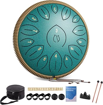Steel Tongue Drum 12 Inch 15 Notes, Steel Drums Instruments for Kids Adults, Hand Pan Drum with Music Book, Drum Mallets and Carry Bag, Handpan C Major, Malachite Green