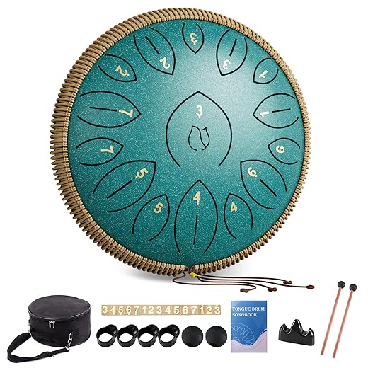 Steel Tongue Drum 12 Inch 15 Notes, Steel Drums Instruments for Kids Adults, Hand Pan Drum with Music Book, Drum Mallets and Carry Bag, Handpan C Major, Malachite Green