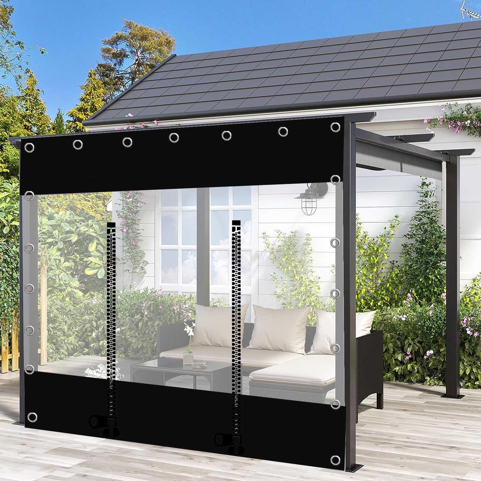 Clear Tarp Curtain,Waterproof Tarpaulin With Eyelets,Outdoor Pergola Gazebo Porch Garden Patio Tarpaulin Side Panels,Black Transparent Splicing Tarp Cover Sheet,With Zips,W×H-3.8×2.2m(12.5 * 7.2ft)