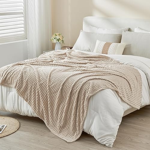 Miniatura 7 de EMME Manta de forro polar suave color beige, de franela de lujo para cama, sofá, silla, manta de felpa, cálida y acogedora con diseño de cuadrícula
