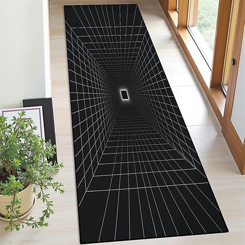 Alfombra de corredor lavable de 2 x 6 pulgadas, diseño retro punk, perspectiva rectangular, túnel de rejilla, antideslizante, alfombra de pasillo