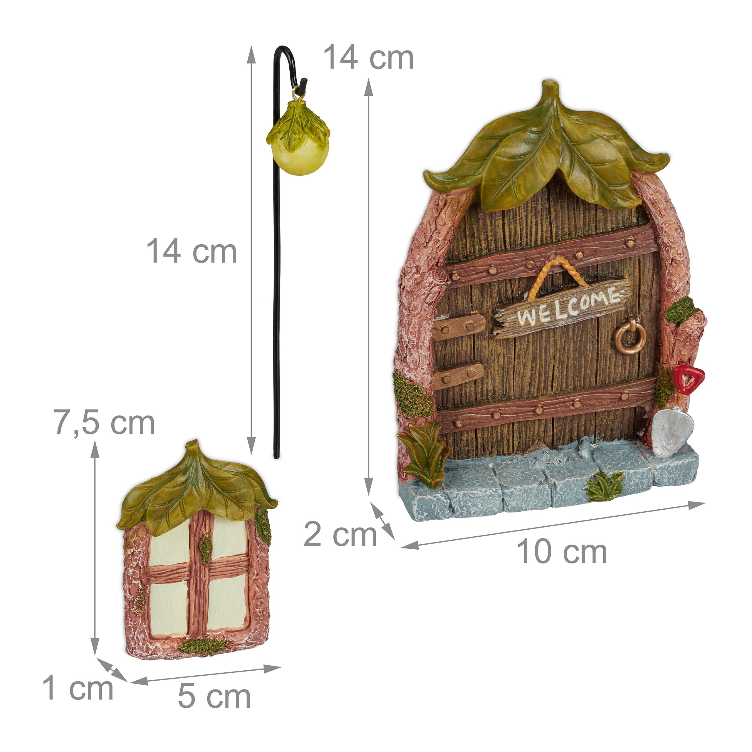 Relaxdays Decoración Árbol Puerta Hadas, Set de 4 Piezas, 2 Ventanas, 1 Farol, Resistente a la Intemperie, Multicolor