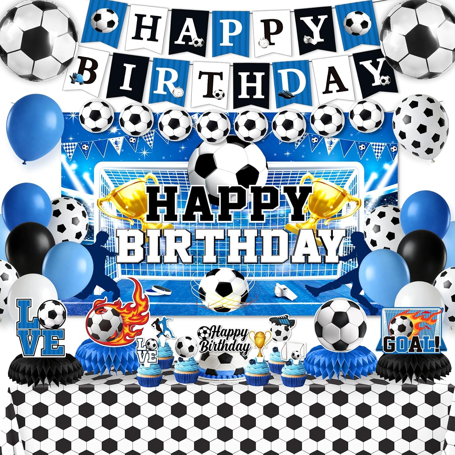 Soccer Birthday Party Decorations, 44Pcs Soccer Party Decorations with Happy Birthday Backdrop Tablecloth Foil & Latex Balloons and Cake Toppers Honeycomb Centerpieces for Boys’ Sports Party Supplies
