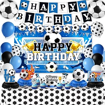 Soccer Birthday Party Decorations, 44Pcs Soccer Party Decorations with Happy Birthday Backdrop Tablecloth Foil & Latex Balloons and Cake Toppers Honeycomb Centerpieces for Boys Sports Party Supplies