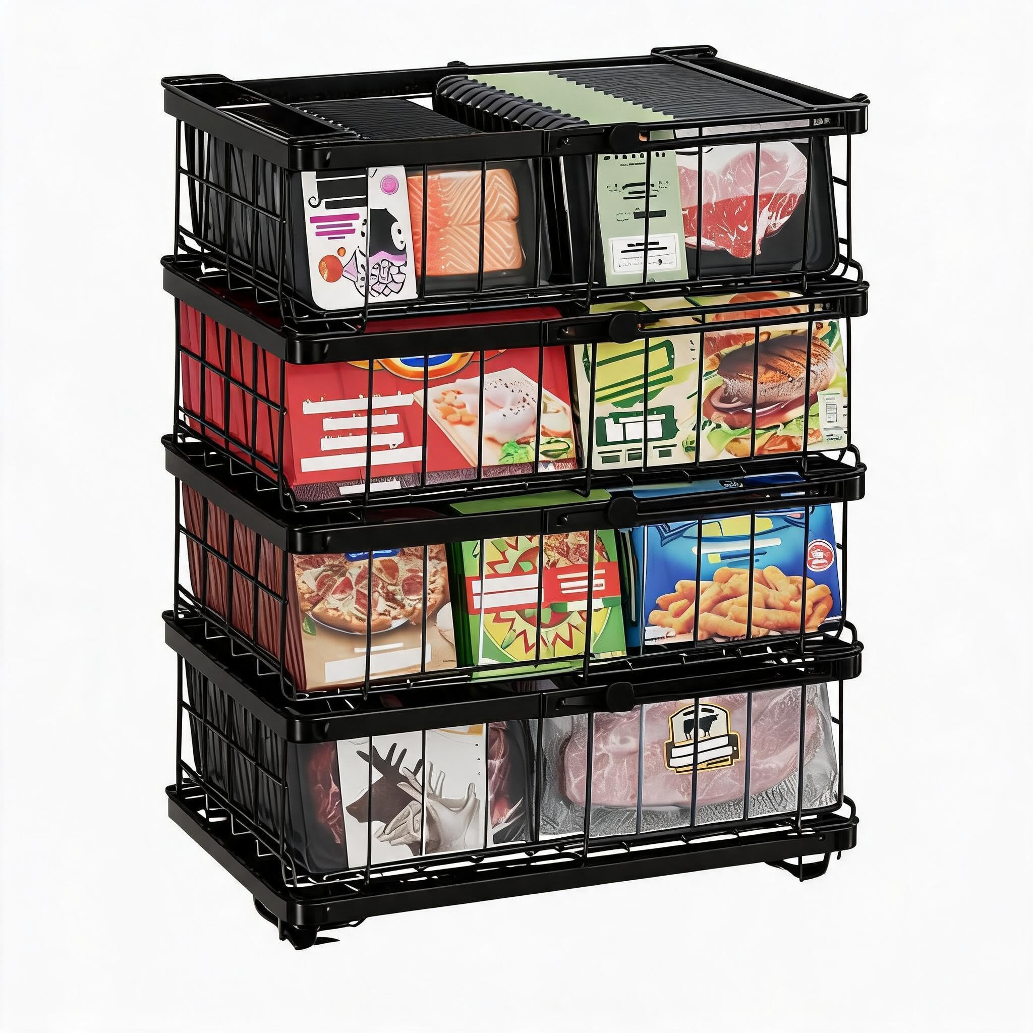 GarveeHome 4 Pack Expandable Chest Freezer Basket Organiser, Stackable Metal Wire Kitchen Storage Boxes with Fold Down Handles, Load 15KG, Pantry Freezer Storage Bins for Bulk Meat & Frozen Food