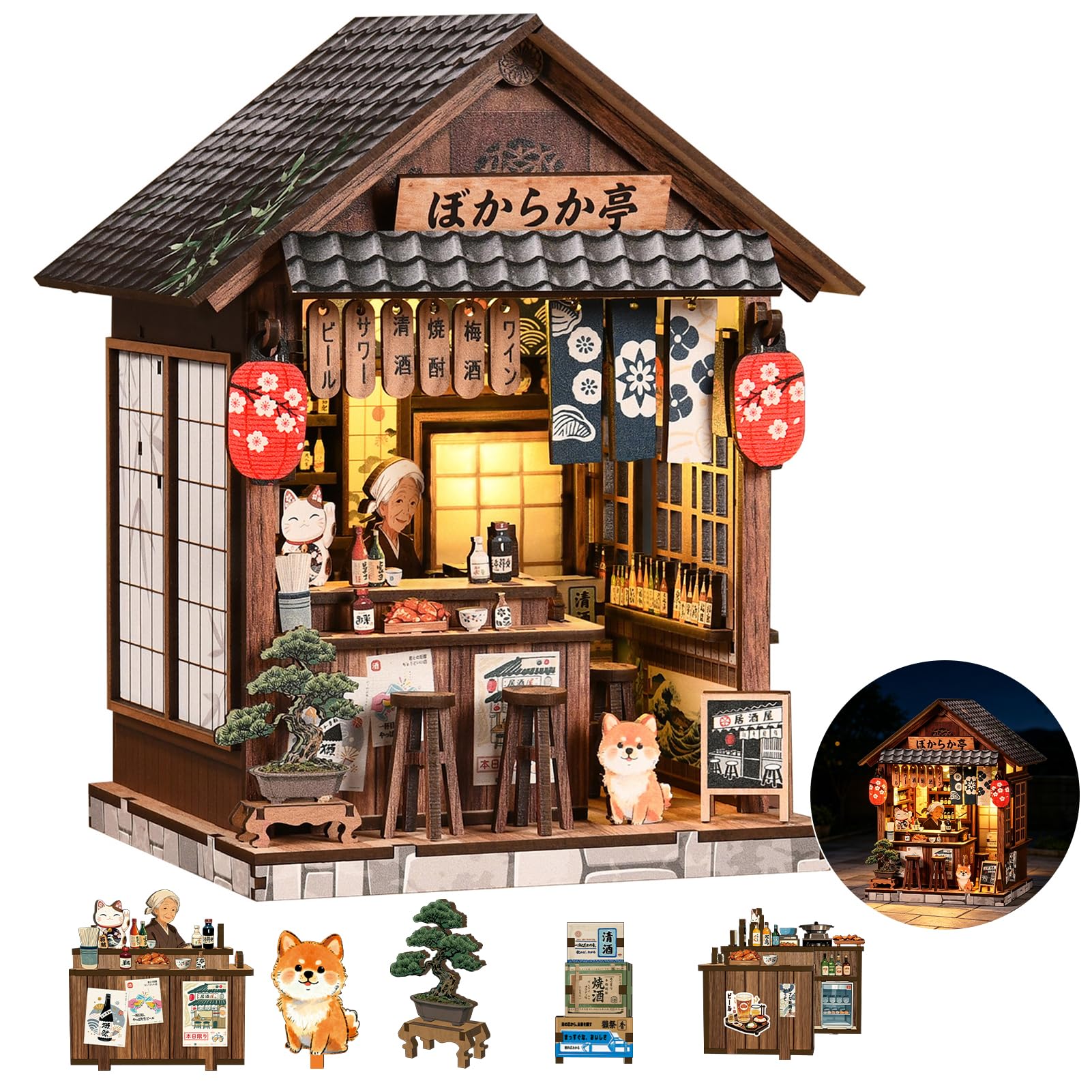DIY Miniature House Kit Japanese Izakaya Book Nook Kit, Wooden Dollhouse Craft Building Set with LED Light, Home Decor Display and Creative Gift