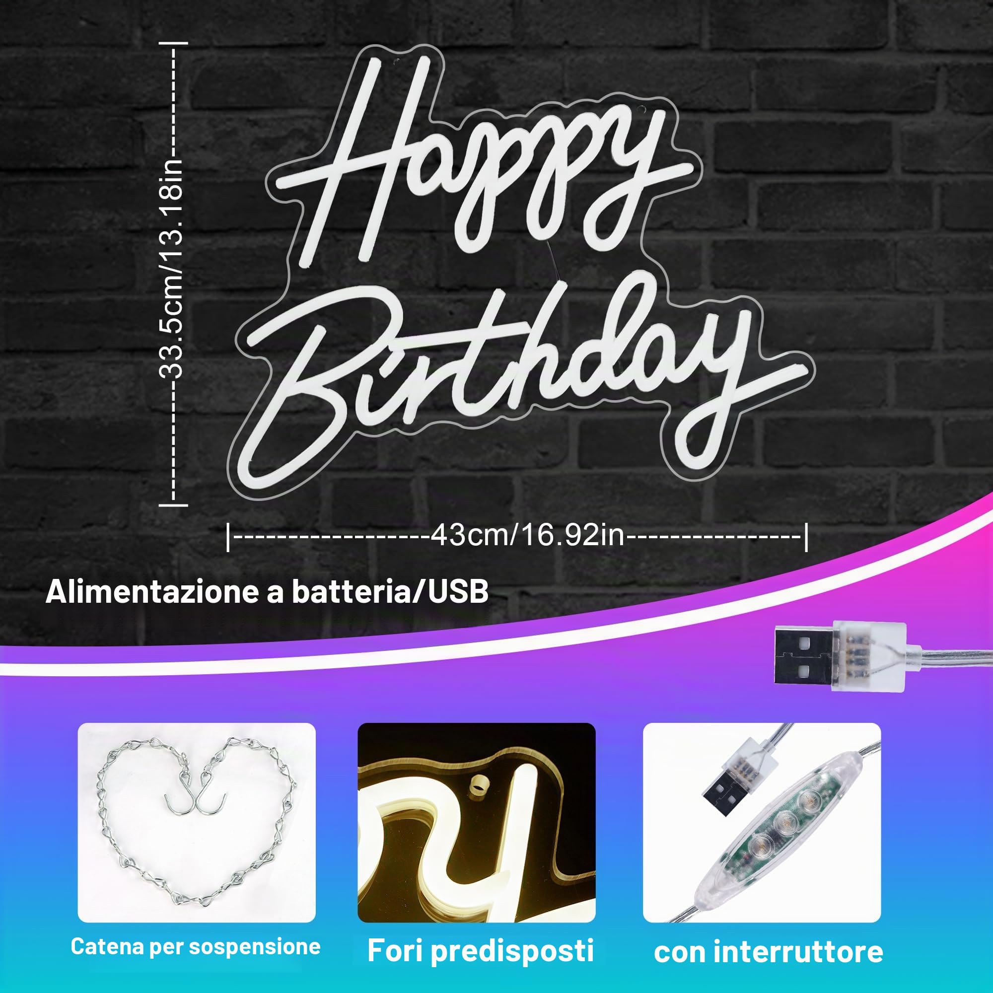 JEMESI Happy Birthday Neon Sign Luce al neon LED bianca calda Decorazione da parete per la casa Camera da letto Bar Club Decorazione per feste di compleanno con USB Power Regalo di compleanno