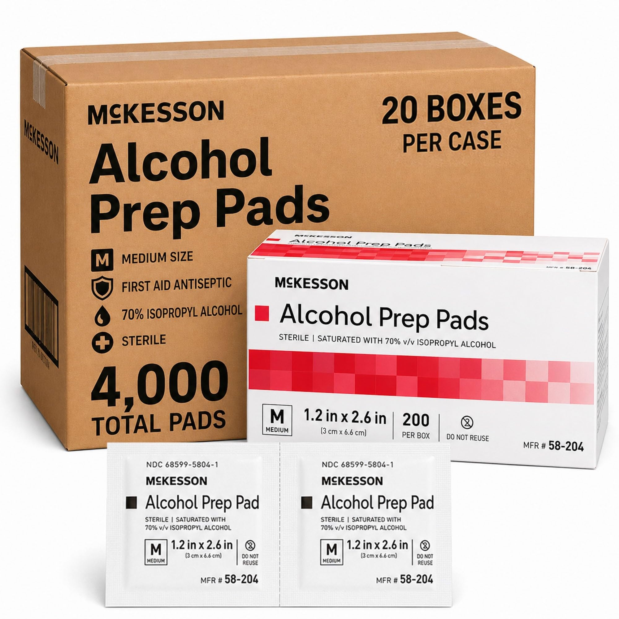 McKesson Alcohol Prep Pads, Sterile, Medium Size, 2-Ply, First Aid, 4000 ct