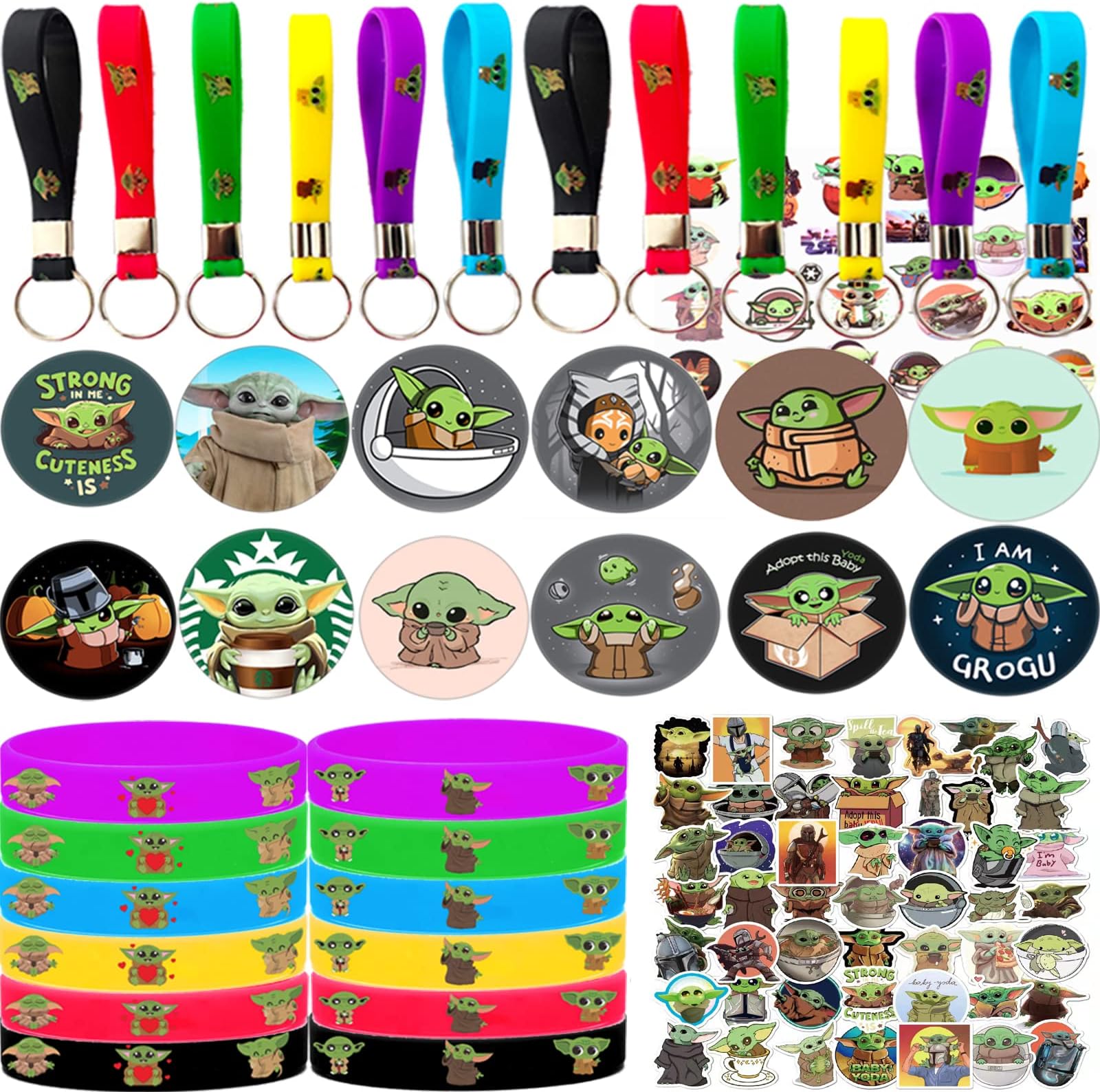 Yoda Birthday Party Supplies, 109 Pack Party Favors - 12 Bracelets, 12 Keychains, 12 Button Pins, 1 Tattoo Sticker, 72 Stickers for Birthday Party Decorations