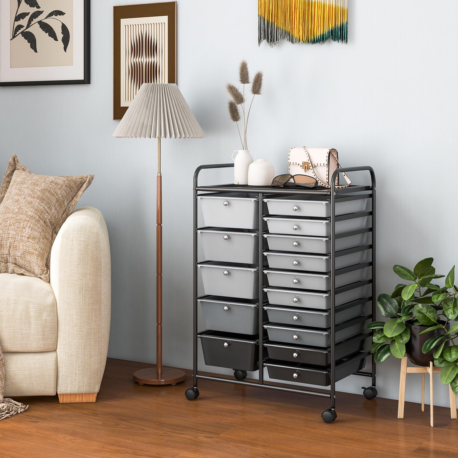 GIANTEX Carrelli Porta Oggetti, con 10+5 Cassetti Impilabili, 2 Ruote Bloccabili, Braccioli Metallici, Portabile e Pratico, per Ufficio, Studio, Cucina,Bagno, 5 Colori Disponibili, 62,5x37x87 cm