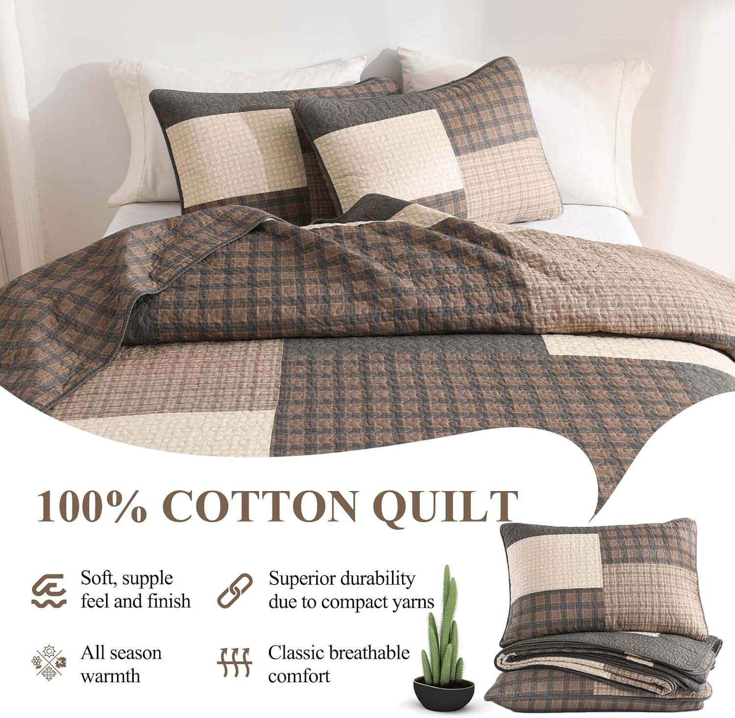 DDUOXIN Farmhouse Plaid King Quilt Set - 100% Cotton Quilts with 2 Pillowcase, Bedspread Lightweight Thin Comforter Bedding Sets for All Seasons, Brown/Dark Brown/Beige/Gray, King(106" W x 98" L)