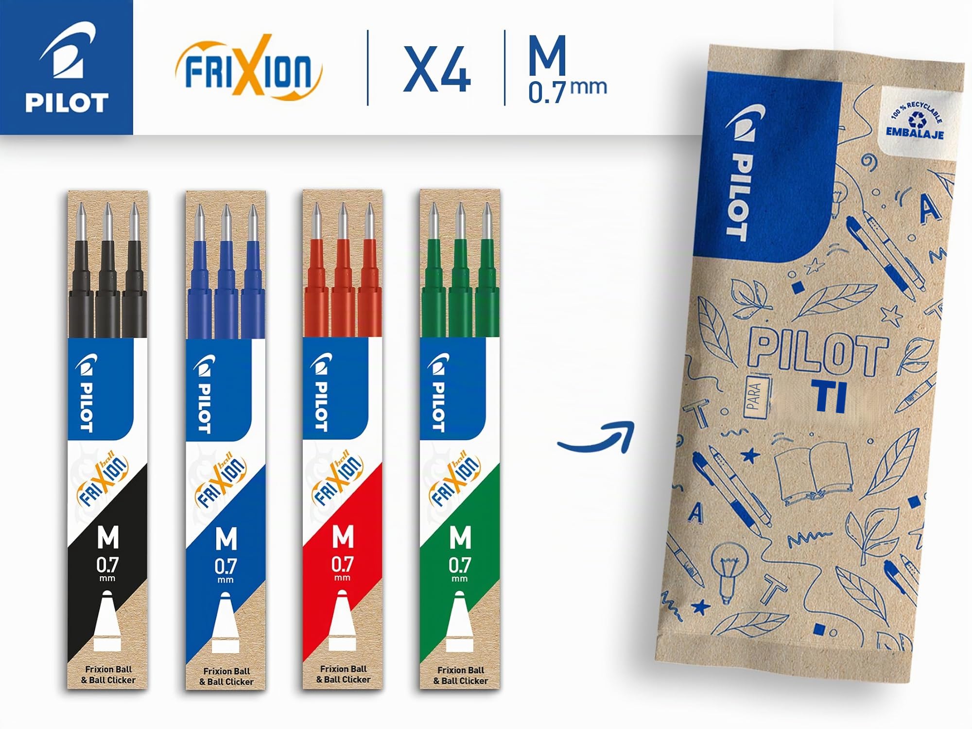 PILOT Caja de 4 set de 3 Recambios FriXion - Recambios para Bolígrafos borrables - Compatible con FriXion Ball y FriXion Ball Clicker - Azul, Negro, Verde, Rojo - Punta Media (12 recambios)