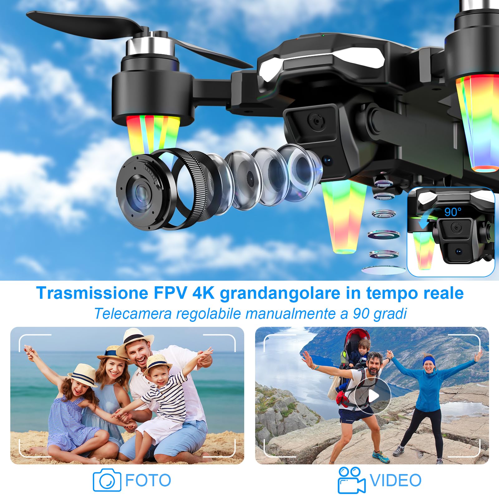 Drone Pieghevole con Telecamera 4K, GuKKK Brushless Motore Droni con 2 Telecamere, Quadcopter RC FPV WiFi Fotocamera Evitamento Attivo Degli Ostacoli, Altitude Hold, 2 Batterie, per Principianti