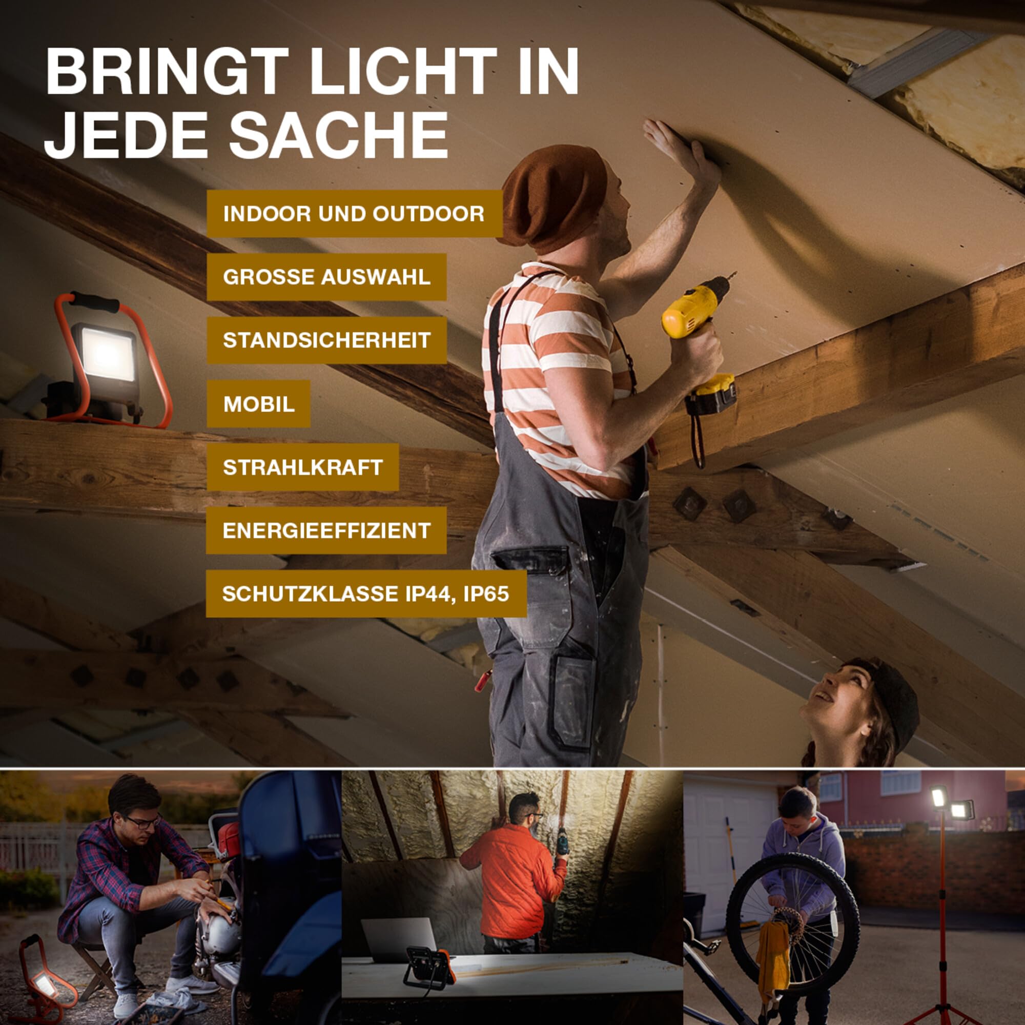 LEDVANCE Worklight LED Tripod - Arbeitslicht mit Stativ, zentraler Fluter mit 30W und zwei abnehmbaren Akku Strahlern 5W, IP54, 3280 Lumen, 4000K kaltweiß, Rotationswinkel 360°
