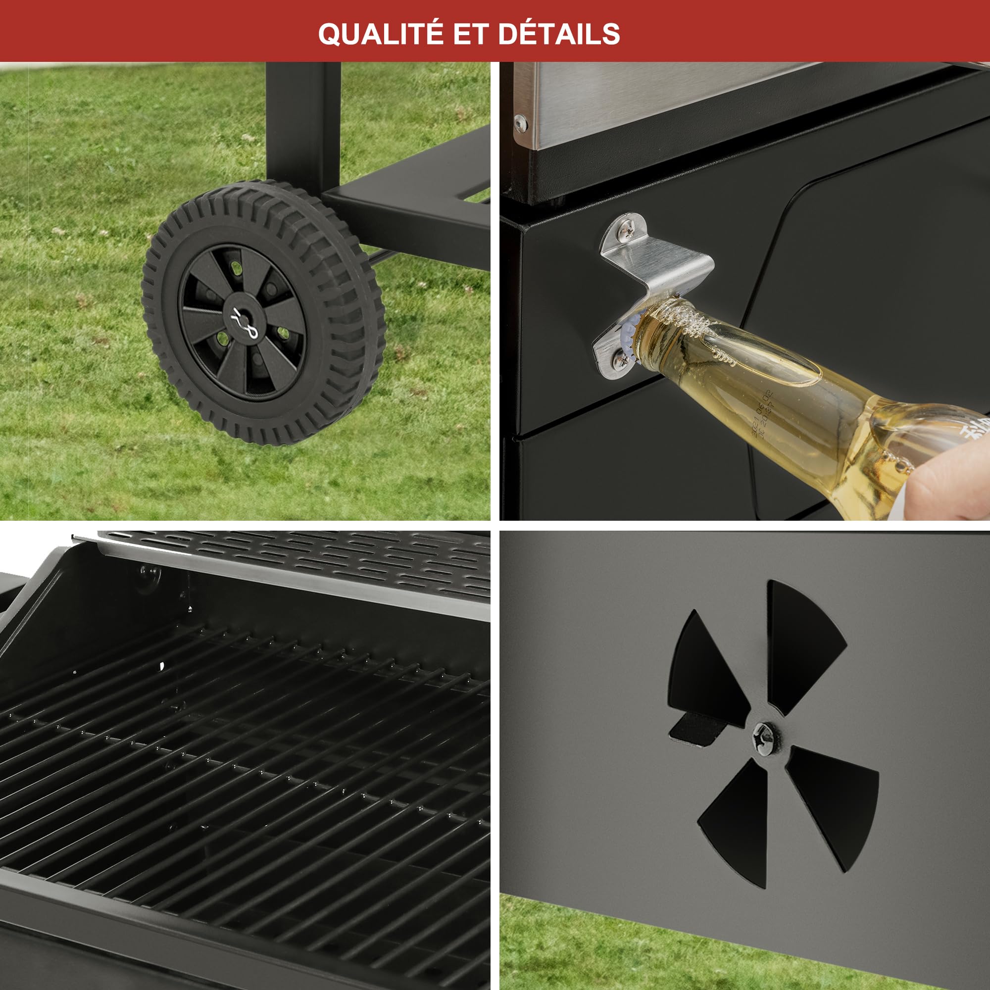 Royal Gourmet Grill na węgiel drzewny, 100 x 64,5 x 104,5 cm, wózek do grillowania z pokrywką, termometrem i uchwytem ze stali nierdzewnej na kemping, do ogrodu