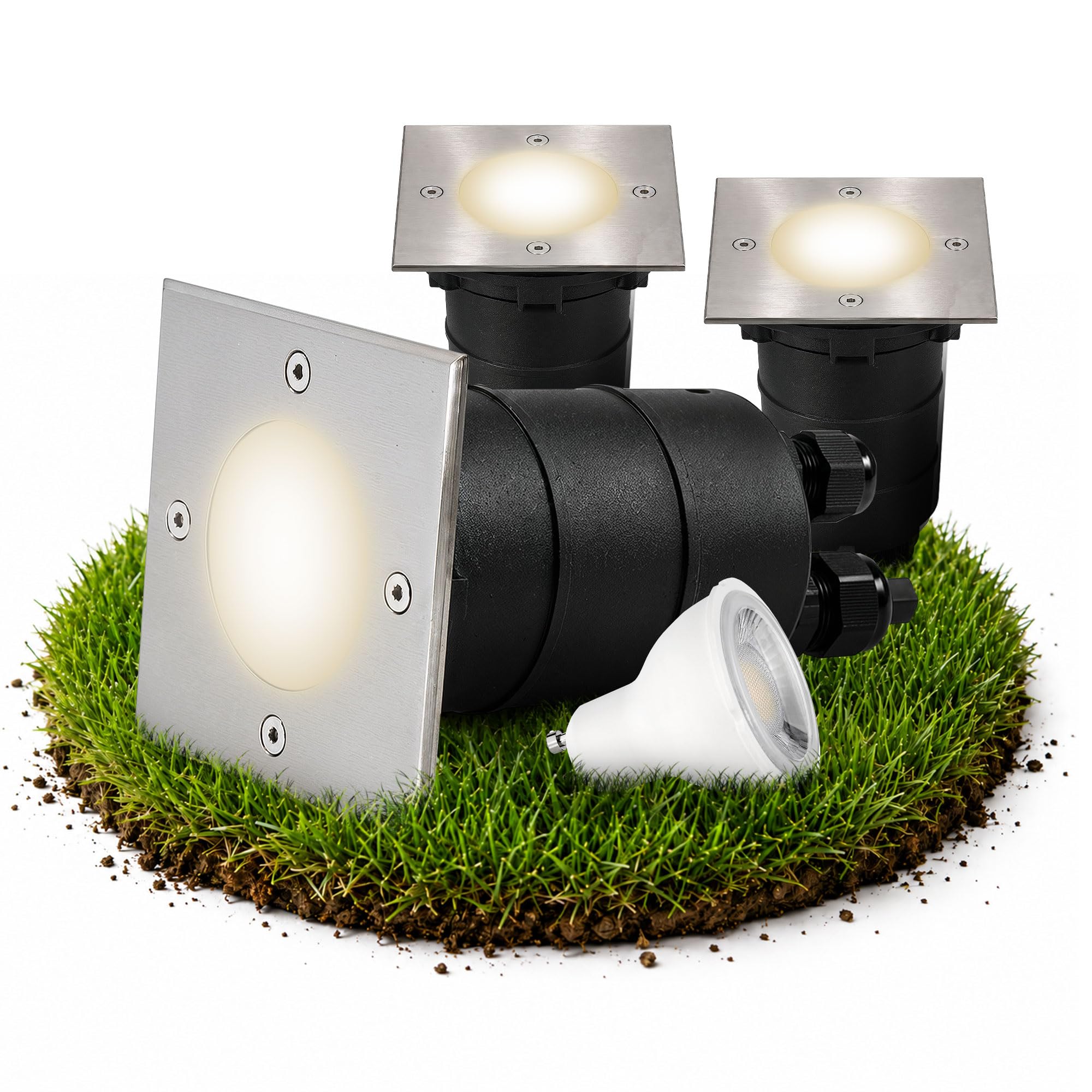 SSC-LUXon 3 Stück MADON LED Bodeneinbaustrahler Aussen eckig IP67 - mit 3x LED GU10 3W neutralweiß - Bodenstrahler Spot 230V befahrbar