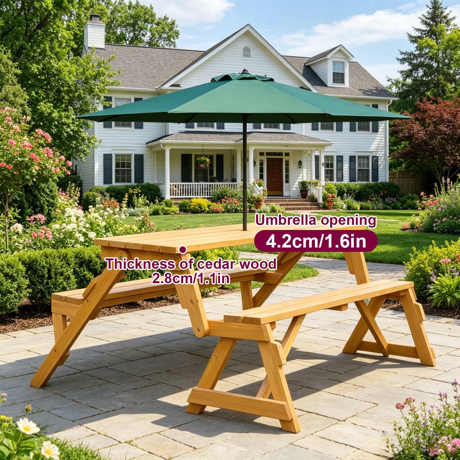 Mesa de picnic convertible de madera maciza, mueble transformable 2 en 1 con agujero para sombrilla para patio, jardín