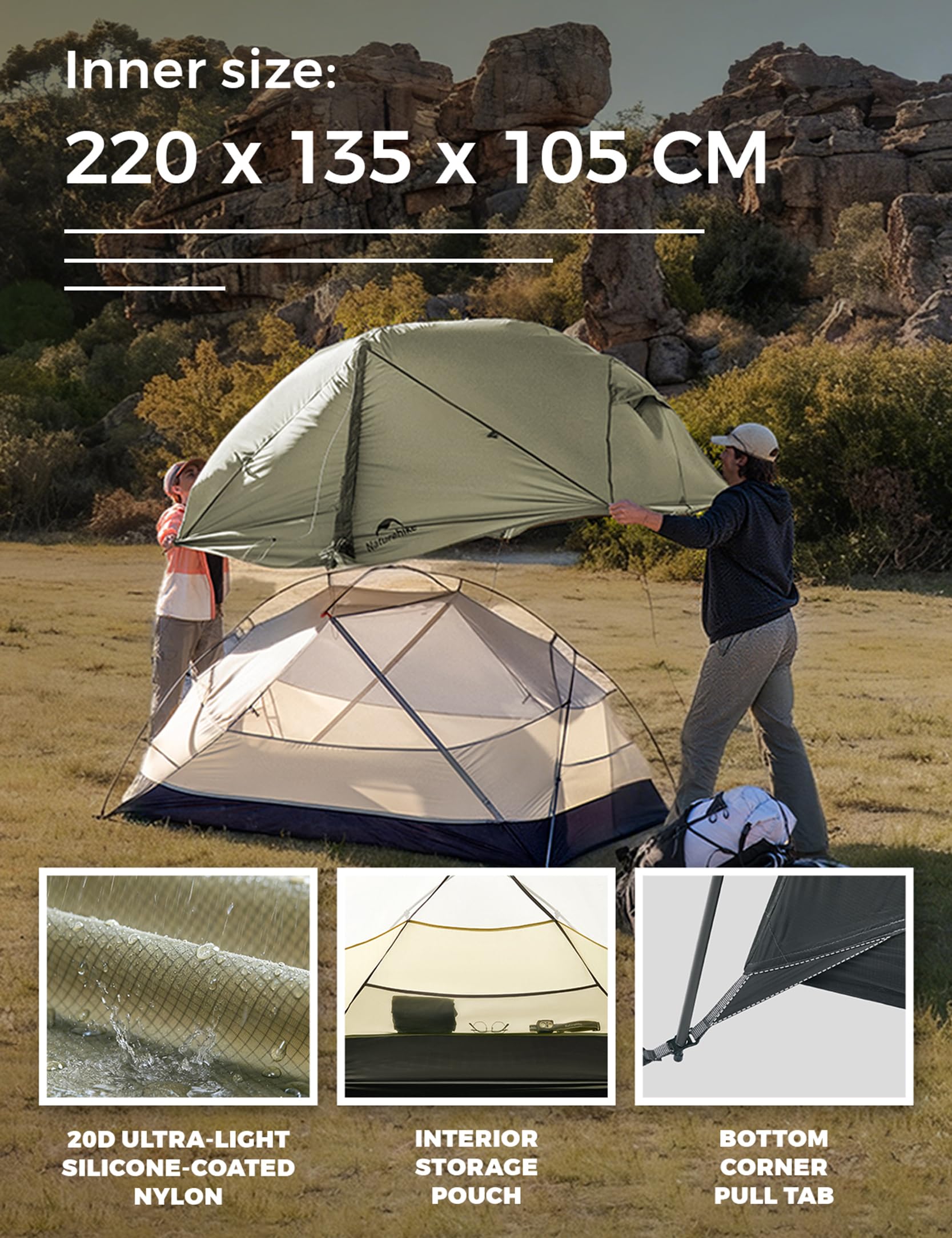 Naturehike Mongar Pro Tente de trekking ultra légère autoportante 20D | Tente autoportante 3 saisons en silnylon 20D avec PU3000 mm, seulement 1,46 kg et variantes de montage polyvalentes.