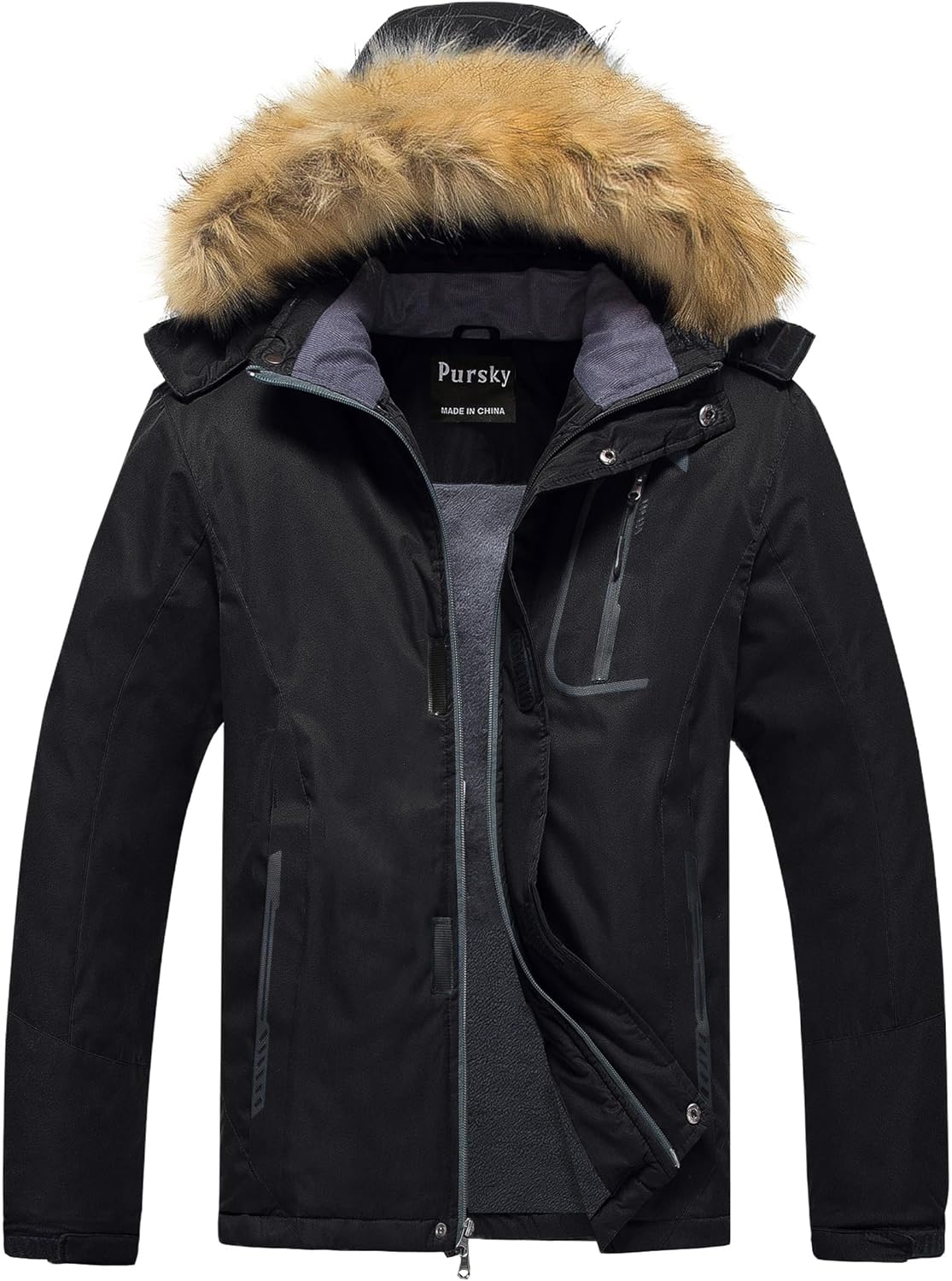 Pursky Men's Waterproof Ski Jacket Winter Snow Coats Fur Hooded Raincoats Parka