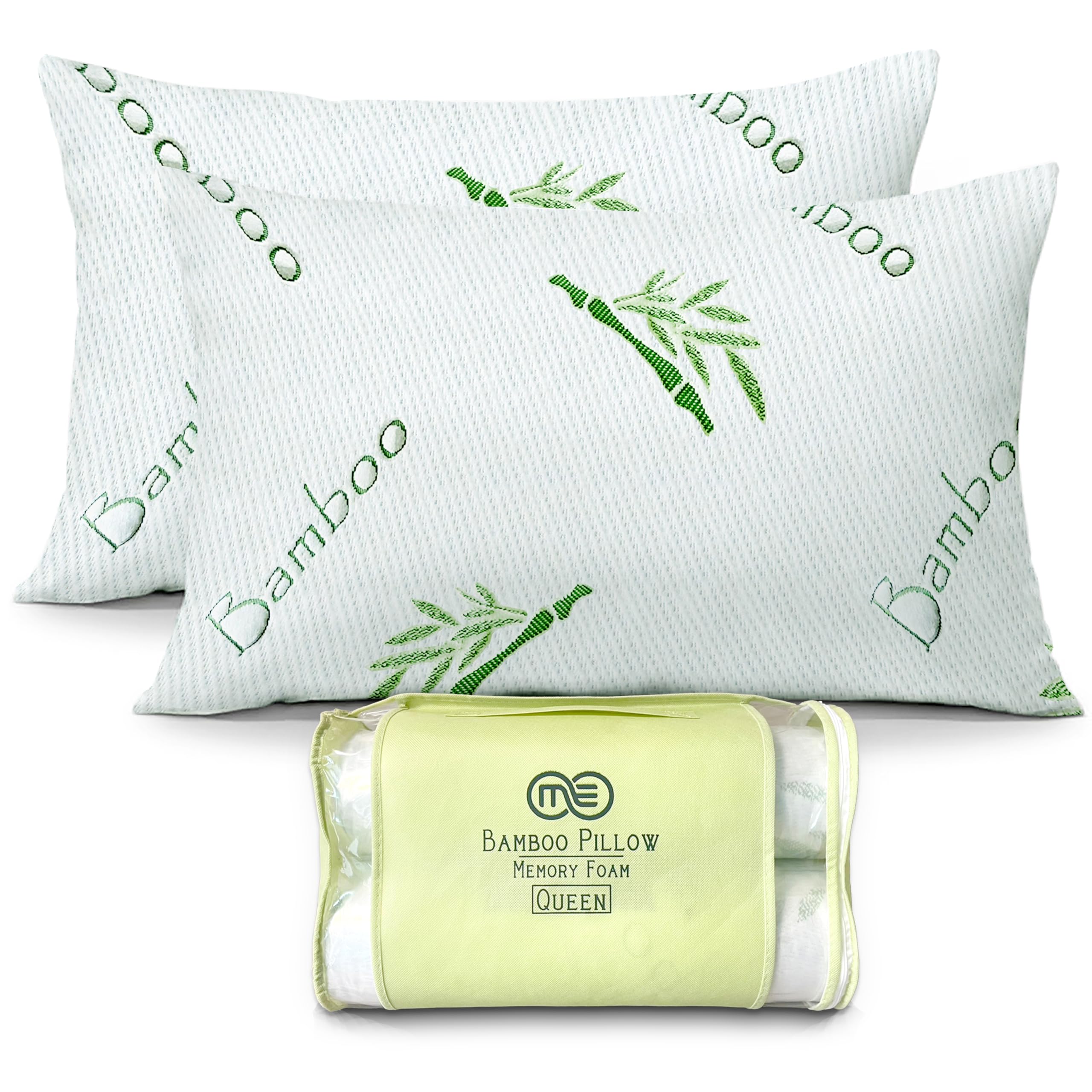 OMEO 2 Pack Queen Size Rayon Derived from Bamboo Pillow for Sleeping Shredded Memory Foam Bed Pillows for Side, Back and Stomach Sleepers, Soft, Cooling, Adjustable and Washable Cover 20" x 30"