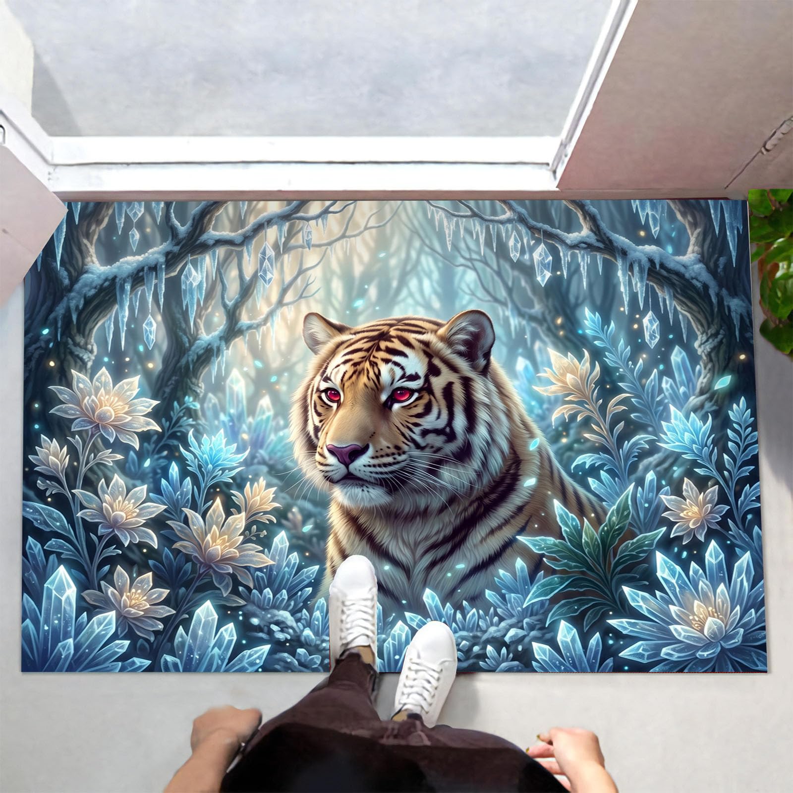 Zerbino Ingresso Interno Tigre Fantastica Animale, Zerbino Di Benvenuto Lavabile Morbida Foresta Di Fiori Di Cristallo, Antiscivolo Tappeto Da Decorazioni Blu Per Casa Porta, 60X90Cm