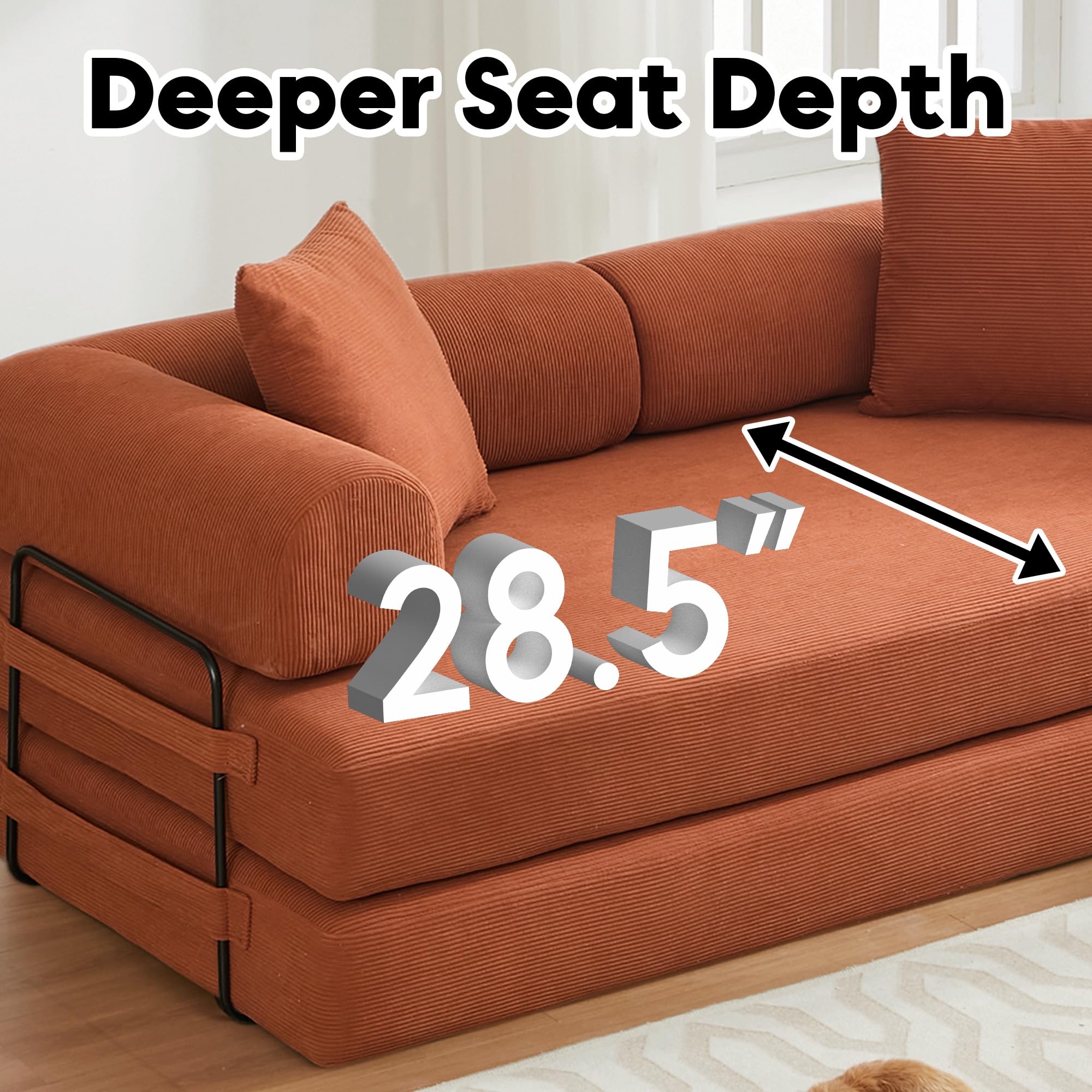 78" Convertible Futon Sofa Bed, Boneless Couches for Living Room, Orange | Corduroy Loveseat Sleeper Futon Sofa Bed, Modular Sectional Sofa, Boneless Couch, Pull Out Couch, No Assembly Required