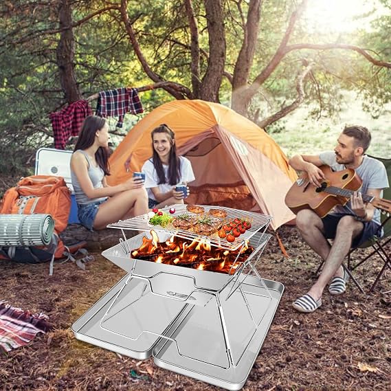 Foldable Fire Pit Grill Portable Fire Pit, Collapsible Camping Campfire Grill Set with Iron Box & Carrying Bag, Stainless Steel Folding Rack for BBQ Picnic Patio