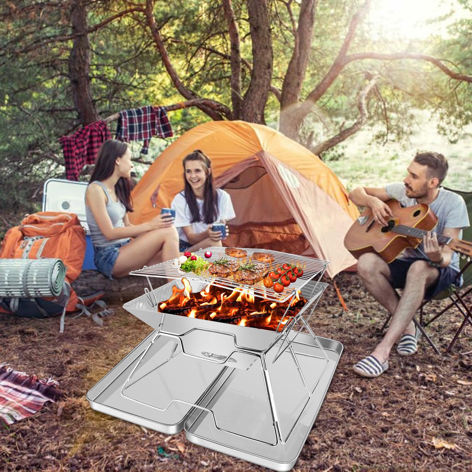 Barbecue Portatile Griglia a Carbone in Acciaio Inox Pieghevole Kit di Attrezzi,per Barbecue con Borsa da Campeggio Escursionismo Picnic, 40 * 35 * 30 cm