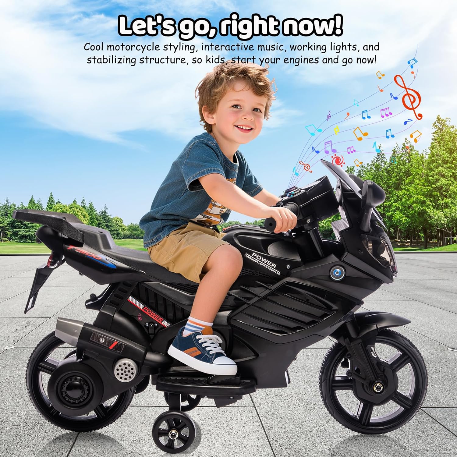 Kids 6V Ride On Motorcycle, Battery Powered Ride On Toys w/Treaded Tires, Working Headlight, Horn, Music, Training Wheels, Stable Electric Toddler Motorcycle for Kids, Gift for Boys Girls, Black