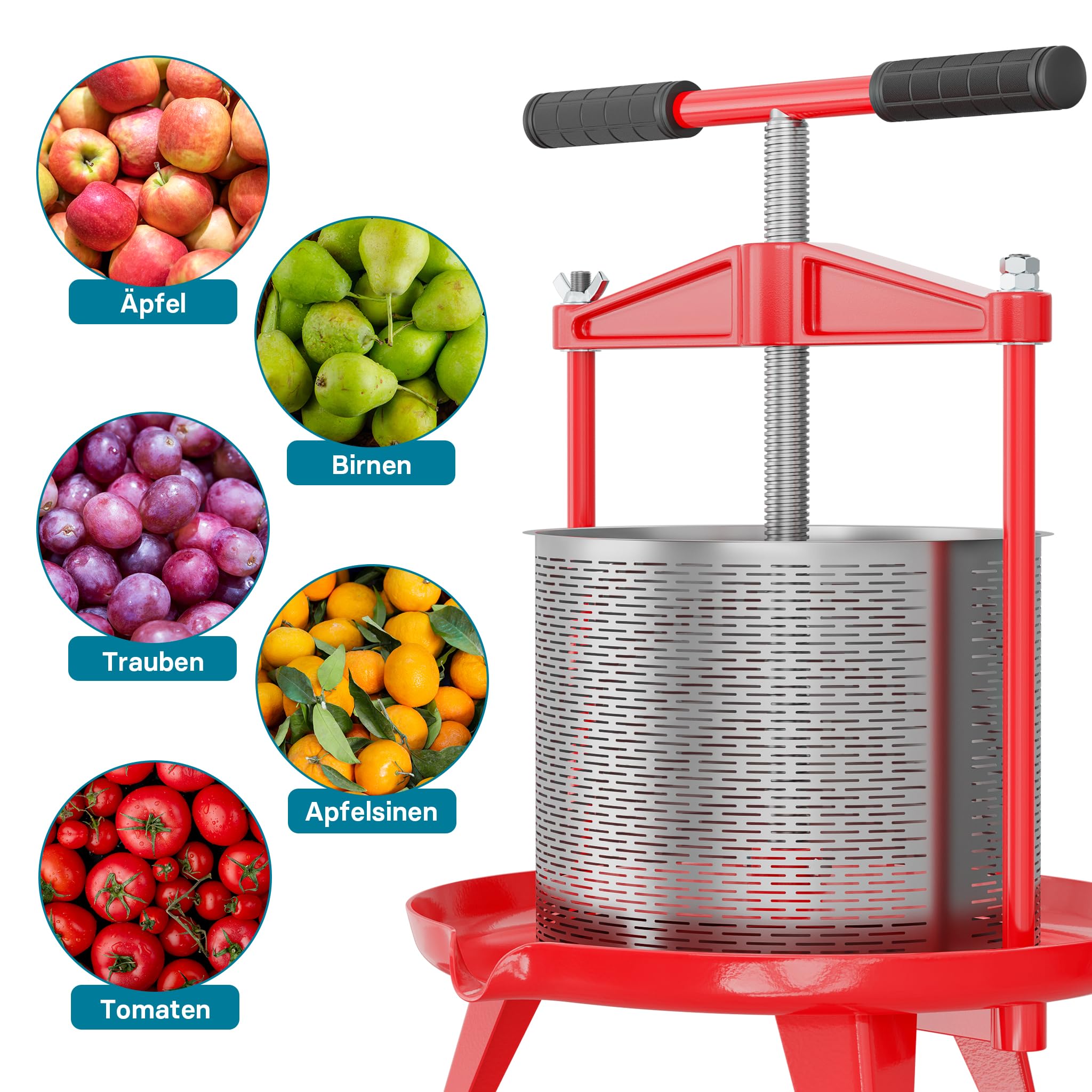 Wiltec Spindelpresse 14 L Obstpresse aus Edelstahl 66x58x47cm, einfach zu reinigen zum Herstellen von Apfelsaft Obstsaft Beerenpresse Weinpresse