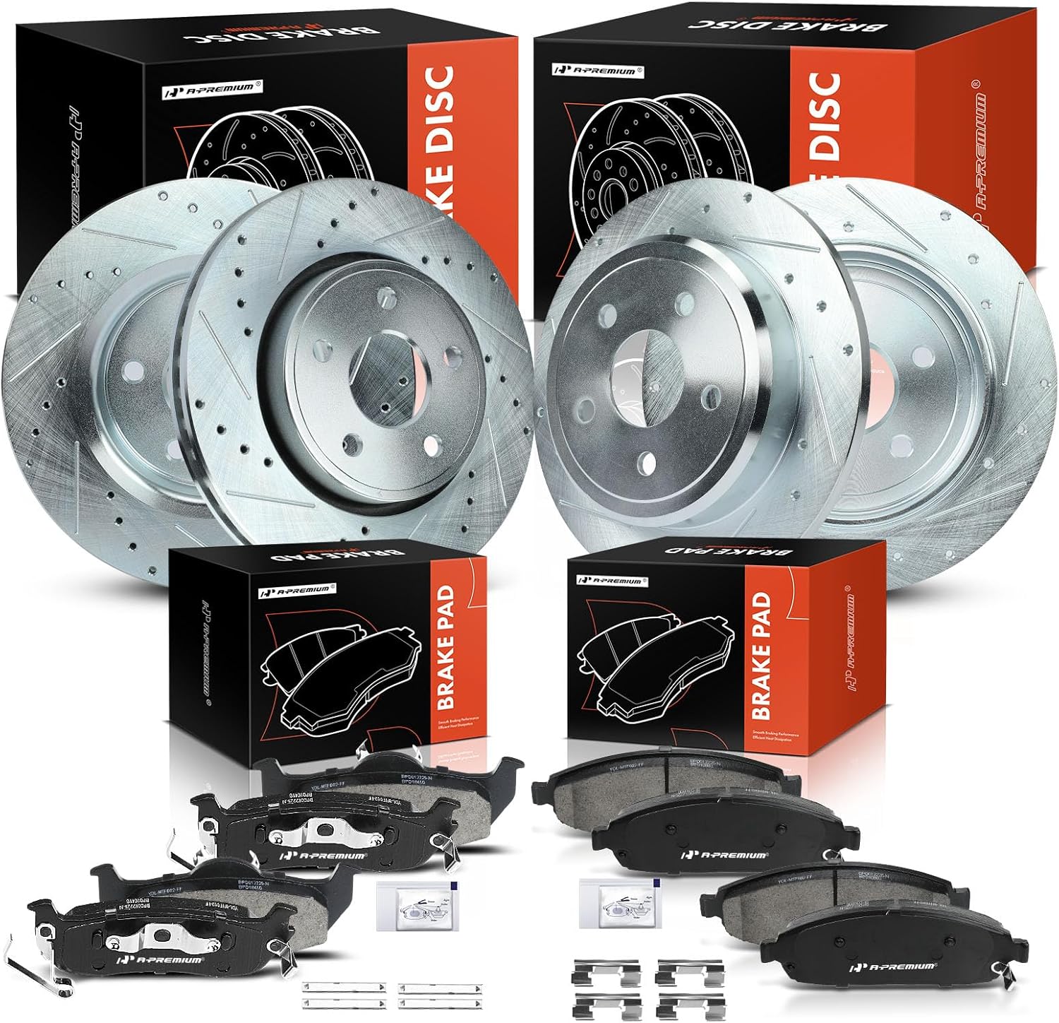 A-Premium Front and Rear Drilled and Slotted Disc Brake Rotors + Ceramic Pads Kit Compatible with Select Jeep Models - Grand Cherokee 2005-2010, Commander 2006-2010, 12-PC Set