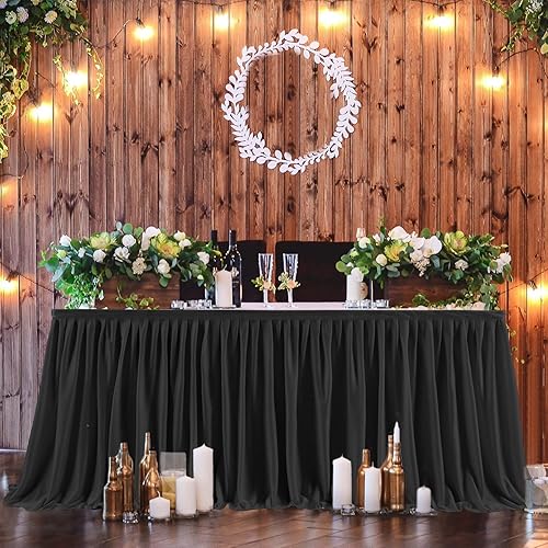 Miniatura 4 de PARTISKY Falda de mesa de poliéster negro para mesas rectangulares de 8 pies, mantel plisado resistente a las arrugas para banquetes, bodas,