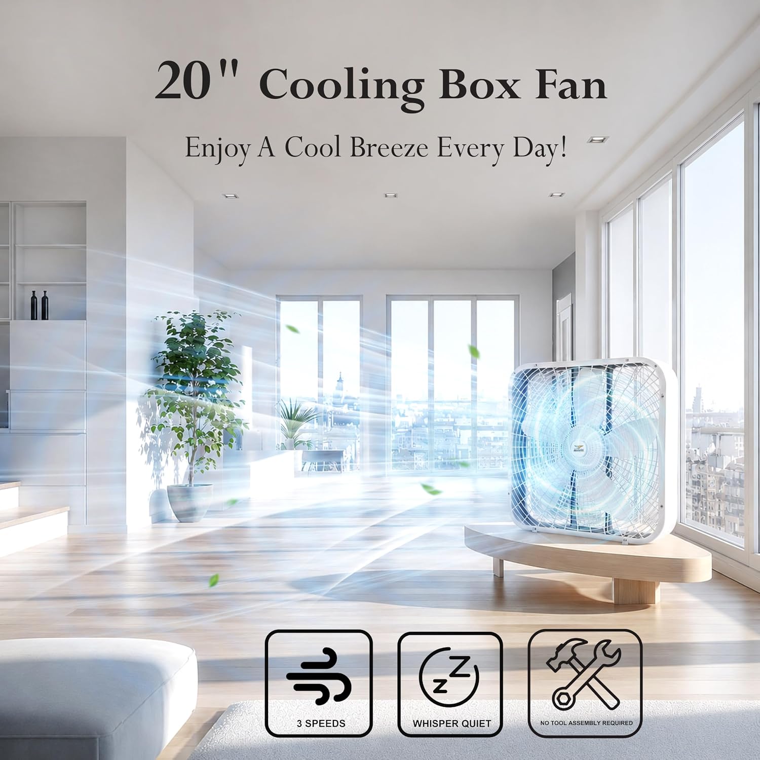 ZOOM 20 Inch White Box Fan, 3 Speeds Setting, Quiet, Fuse Plug, Easy Carry Handle, Full Force Fresh Air into the room, Garage, Kitchen, Dorm, Bedroom, Gym, Livingroom