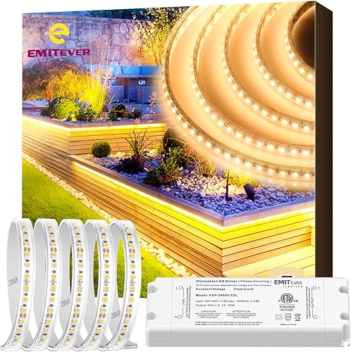 EMITEVER Tira de luces LED para exteriores, impermeable, IP67, 24 V CC, luz de cinta LED, blanco cálido 3000 K, UL 2.9 W/pie,240+lúmenes/pie,16.4