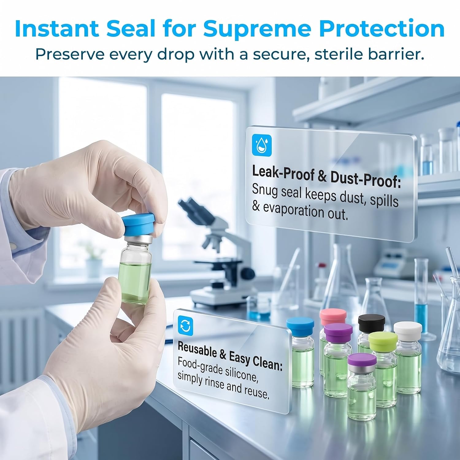 48-Pack Silicone Vial Caps for 3ml & 5ml Glass Vials