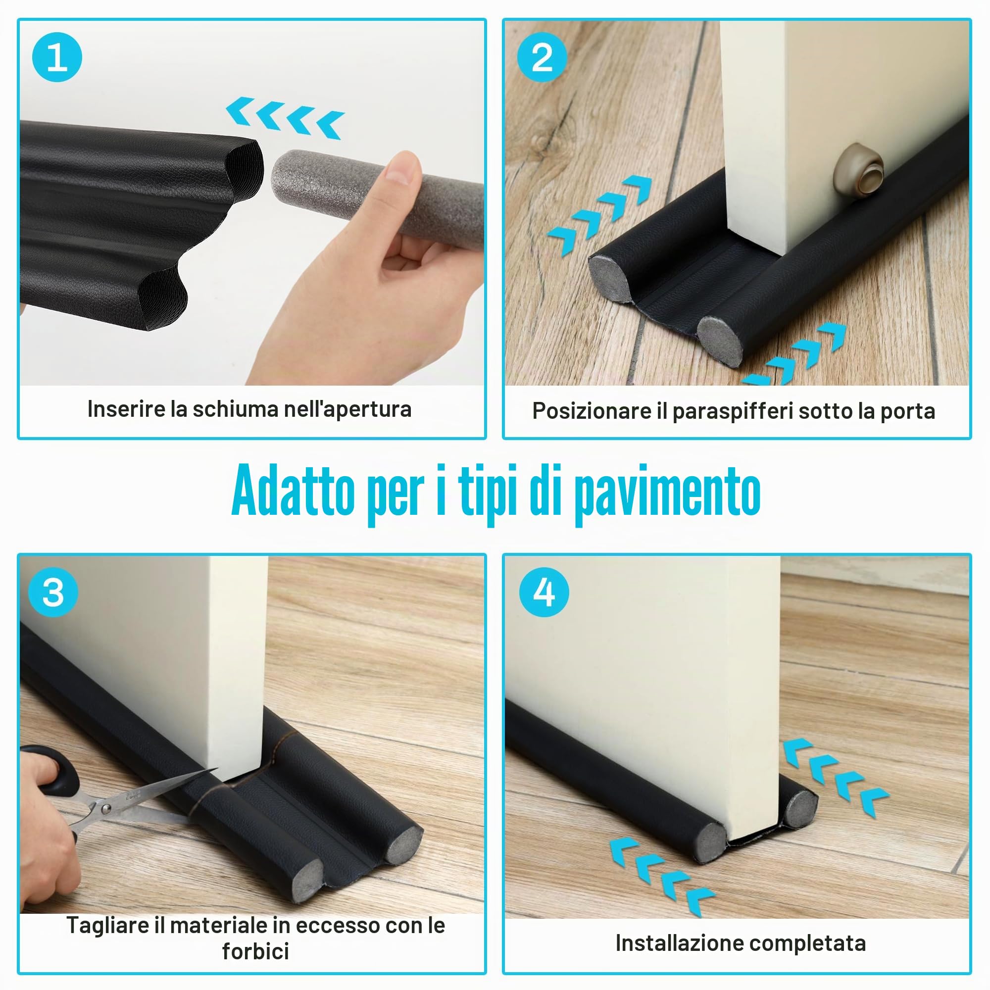 Gucass 3 Paraspifferi per Porte, 96 cm Paraspifferi Porta Blindata- Isolamento Acustico, Riduzione Freddo/Calore, Antivento, Luce, Polvere, Insetti, Guarnizione Porta Blindata, Nero