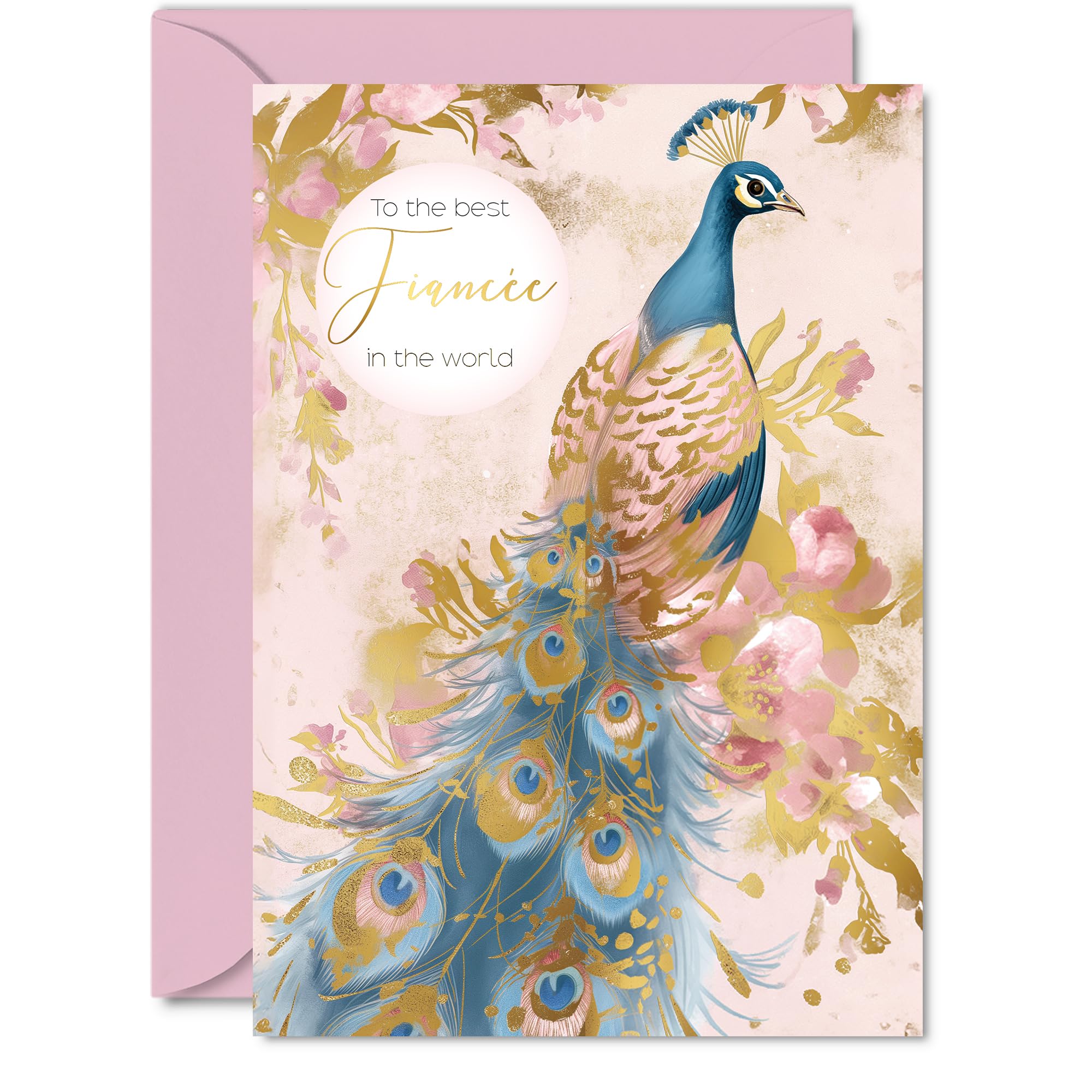 Fiancée Birthday Card - Gold Peacock - Beautiful Happy Birthday Card for Fiancée from Partner Fiancé, A5 Female Bird Bday Golden Greeting Cards