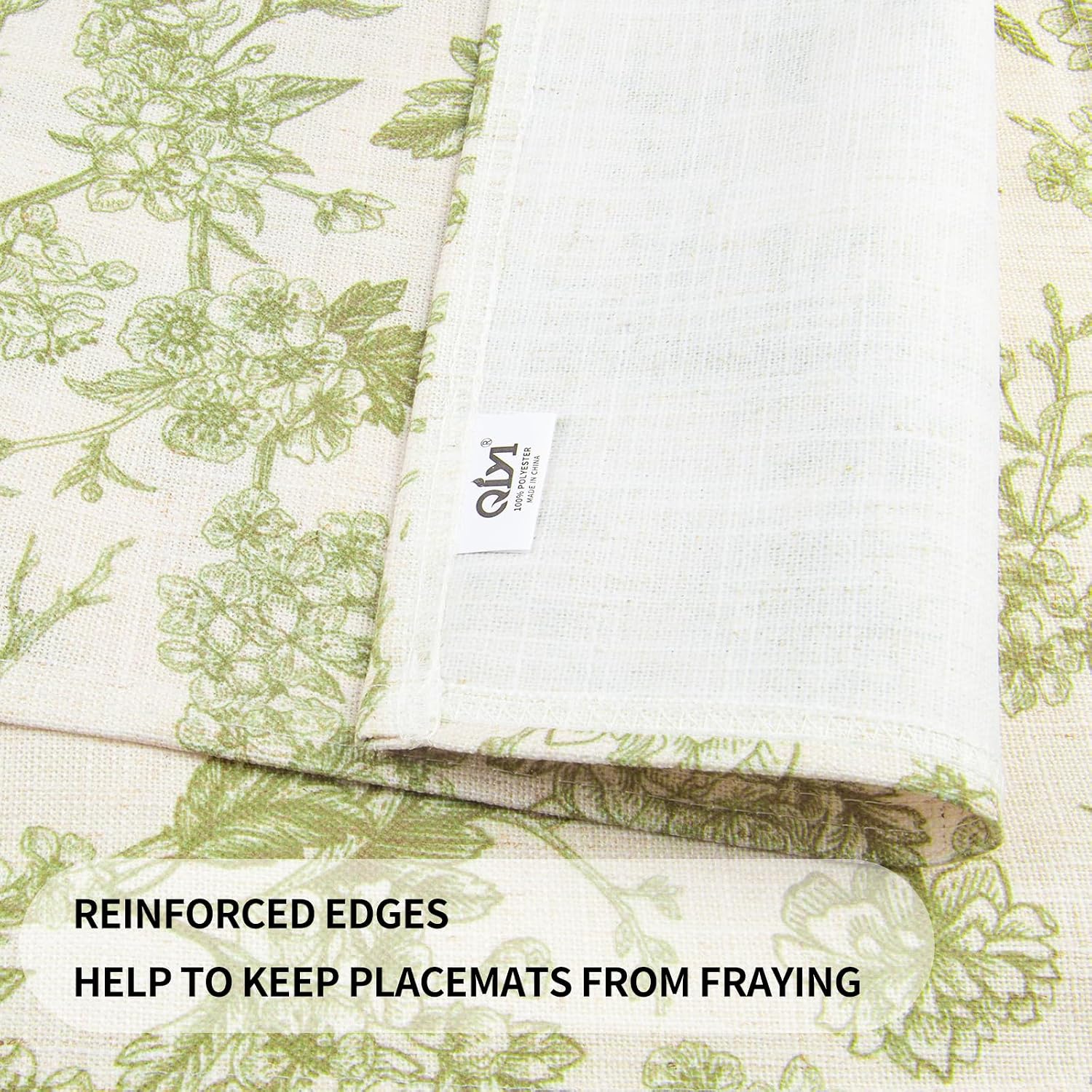 QIYI Boho Placemats Set of 4, 12x18 Inch Linen Fabric Floral Place Mats for Kitchen Dinning, Farmhouse Rustic Cloth Table Mats, Washable Placemat Party Table Décor, Green Botanical Art