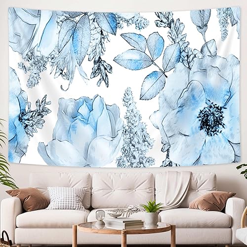 Miniatura 8 de SAOLUIS Tapiz floral, tapiz de flores azules, tapiz estético floral de acuarela, tapiz floral de poliéster, para colgar en la pared para dormitorio,