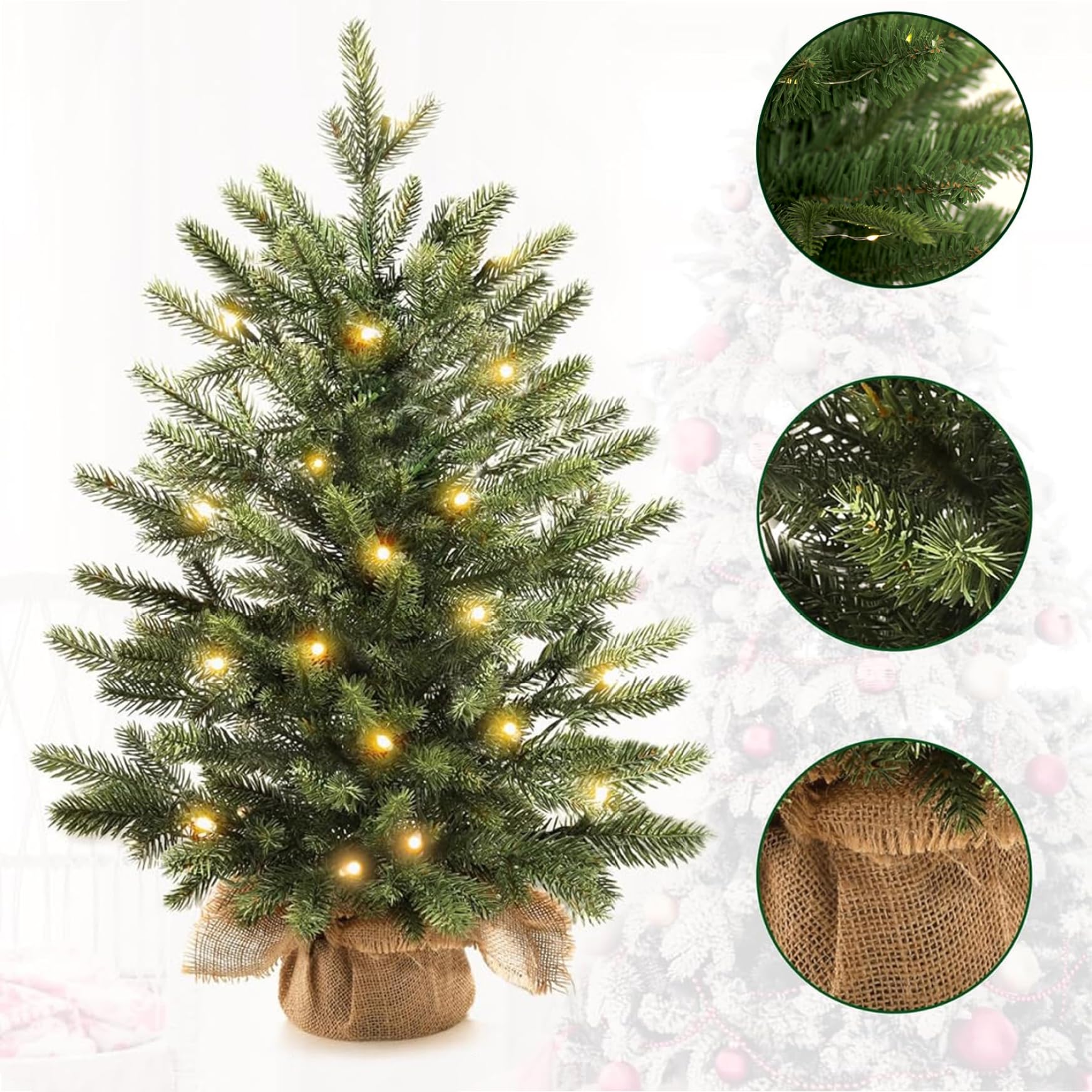 Piccolo albero di Natale con luci Decorazioni da tavola natalizie floccate realistiche da 18 pollici, squisite per la casa, l'ufficio, le decorazioni del negozio
