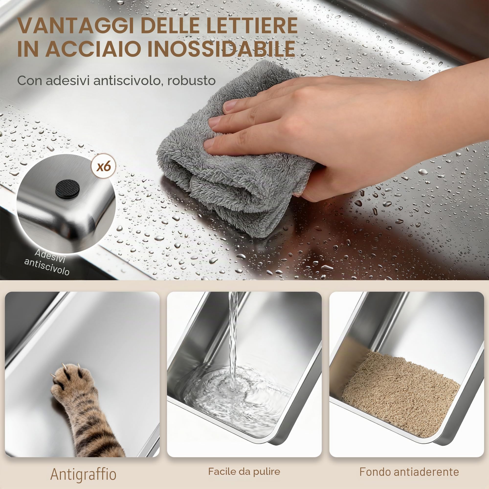 Lettiera Acciaio Inossidabile con Coperchio, XXXL Lettiera Gatto Chiusa, 70 x 50 x 42 cm, 105° coperchio incernierato, Include Pedale e Paletta, Design Modulare, Due Porte, Grigio Scuro