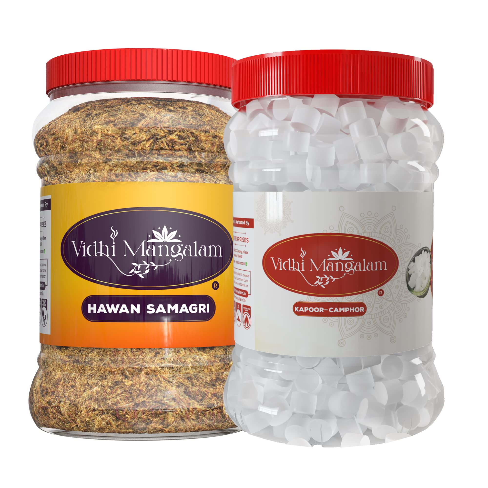 Vidhi Mangalam Hawan Samagri & Kapoor for Pooja - Dry Incense, hawan samagri, Kapoor, puja Items, Pack of 2 Boxes, 1 Box of Hawan Samagri (400gm), & 1 Kapoor (400gm), Combo of Hawan (L) & Kapoor (L)