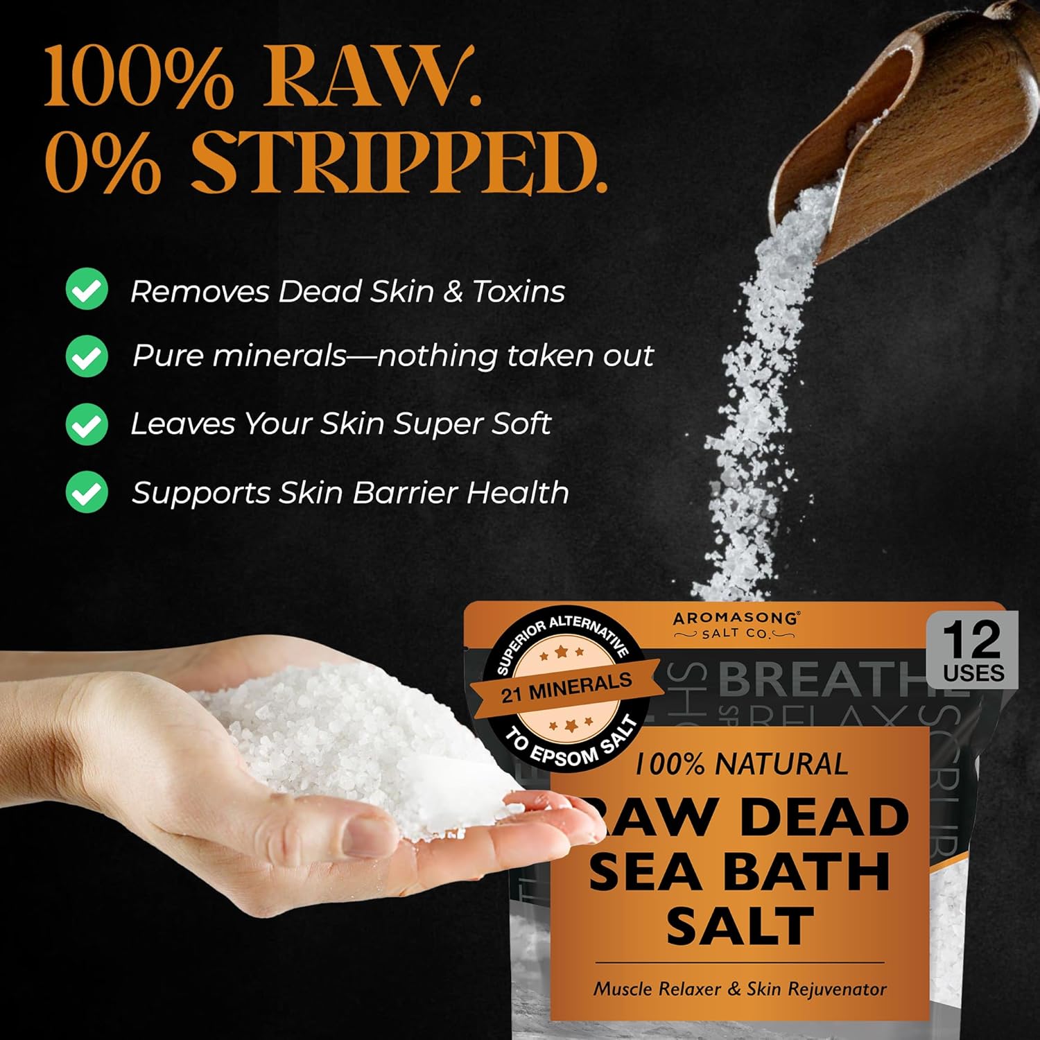 Aromasong Raw Dead Sea Salt for Soaking - Minimal Cleaned Bath Salt Soak - 10 Lbs (2 x 5 lb. Bags) Bulk Resealable Pack - Leaves Your Skin Softer Then Epsom Salt