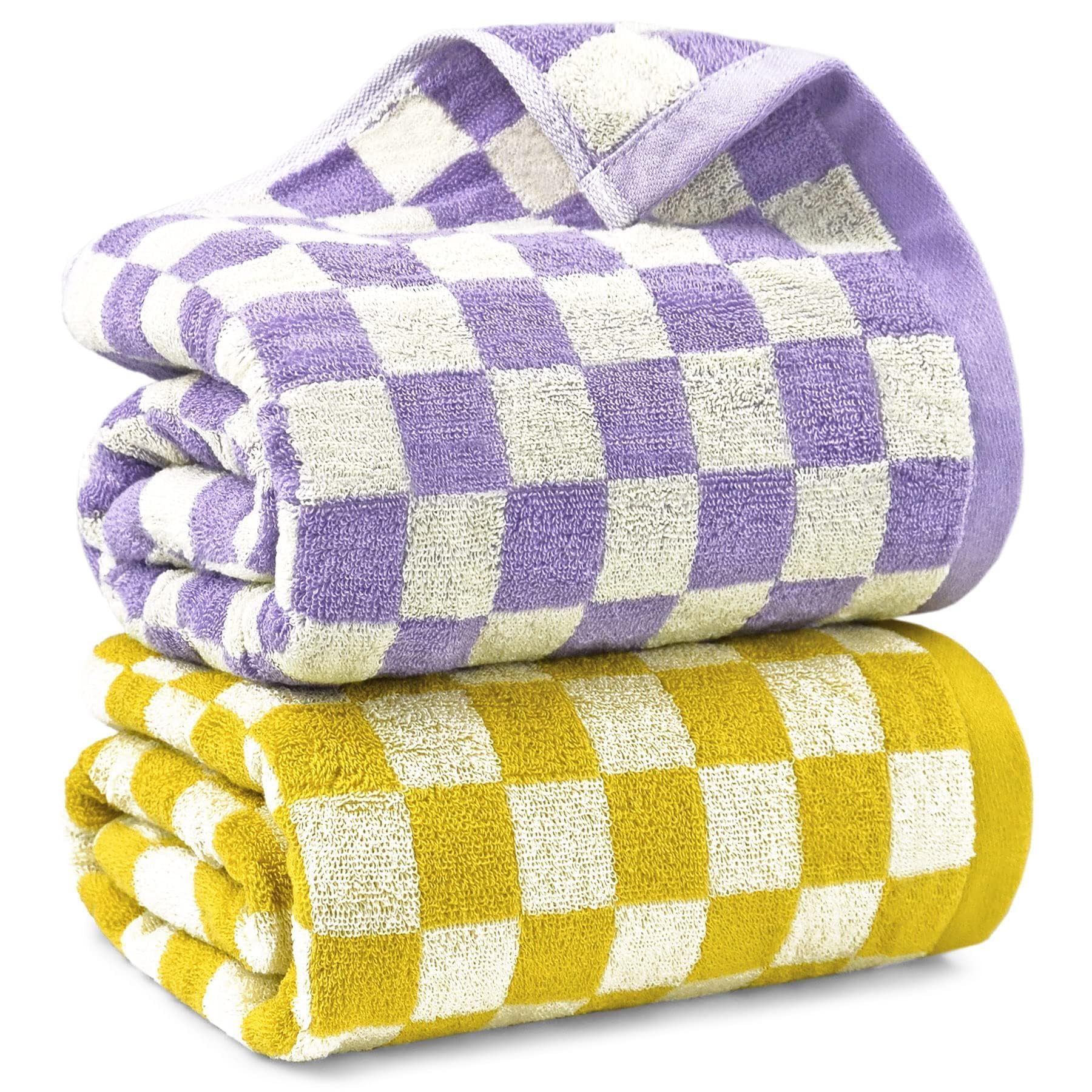 Checkered Bath Towel Set in Yellow and Lilac