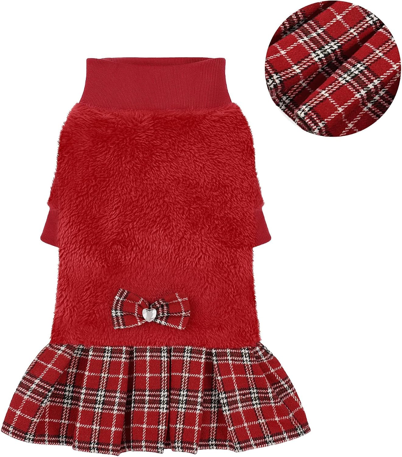 WOYYHO Small Dog Sweater Dress with Plaid Skirt & Bowtie Fleece Dog Clothes | Warm Fleece Outfit for Small Dog Girls Chihuahua Yorkie, Leash Hole, Long Sleeve, Cute Pet Dog Clothes, Red, M